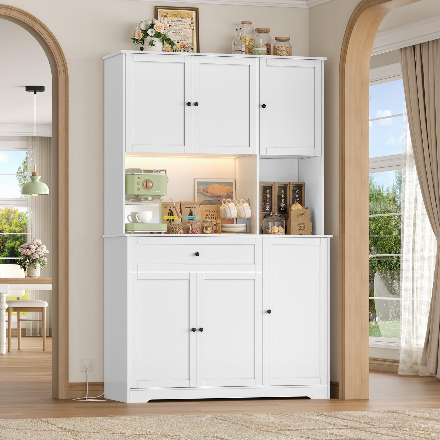 FirFurd Kitchen Cabinet 180 cm Buffet Cabinet with LED Sideboard for Kitchen with Power Strip Kitchen Cabinet with Worktop and Wine Rack for 12 Bottles Kitchen Buffet Kitchen Furniture 180 x 100 x 39
