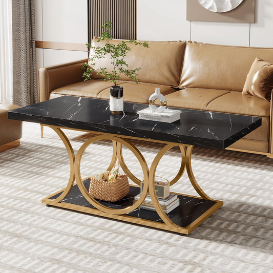 Tribesigns Rectangular Coffee Table, 120 cm Modern Living Room Table, 2-Tier Faux Marble Coffee Table with Geometric Legs, Furniture with Storage Compartment (Black and Gold)