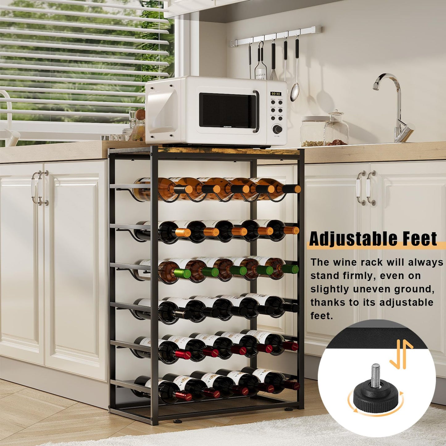 Urban Deco Wine Rack for 30 Bottles, Bottle Rack Standing with Wooden Table Top, Wine Rack Metal Black for Kitchen, Bar, Basement, Dining Room, 59 x 30 x 89 cm