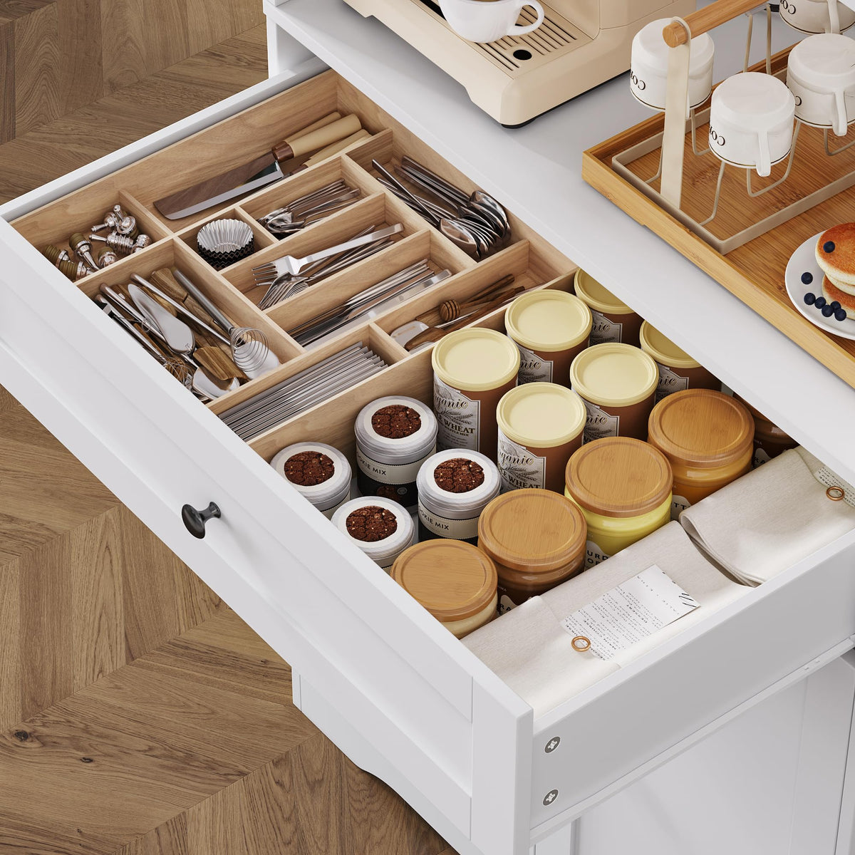 FOREHILL Tall Kitchen Cabinet, Kitchen Buffet Cabinet with Worktop, 4 Doors, Drawer, Cable Hole, Adjustable Shelves, Multi-Purpose Cabinet for Living Room, Kitchen, 75 x 40 x 180 cm, White