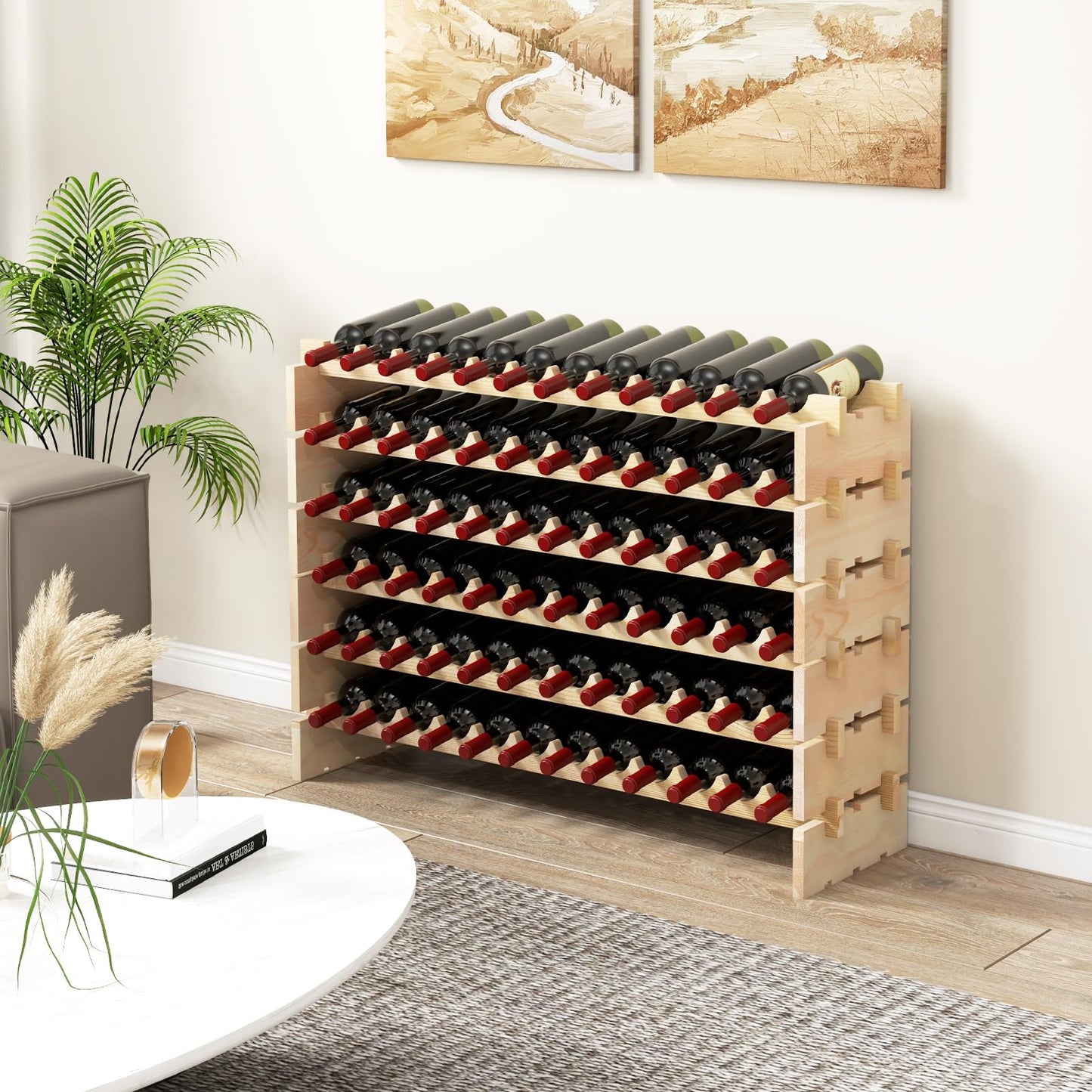 COSTWAY Wine Rack Wood Stackable Bottle Rack for 72 Bottles, Wine Rack with 6 Levels, Wooden Shelf, Bottle Stand for Kitchen, Dining Room, Bar, Basement, 119 x 29 x 72 cm