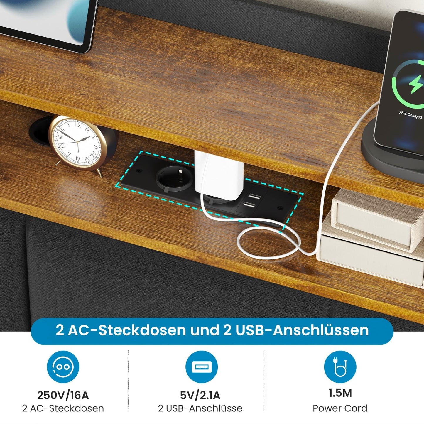 Upholstered Bed 180 x 200 cm Floating Bed with LED Lighting, Headboard and Charging Station (2 AC Sockets, 2 USB Ports), Bed 180 x 200 cm with Storage Space, Modern Double Bed with Slatted