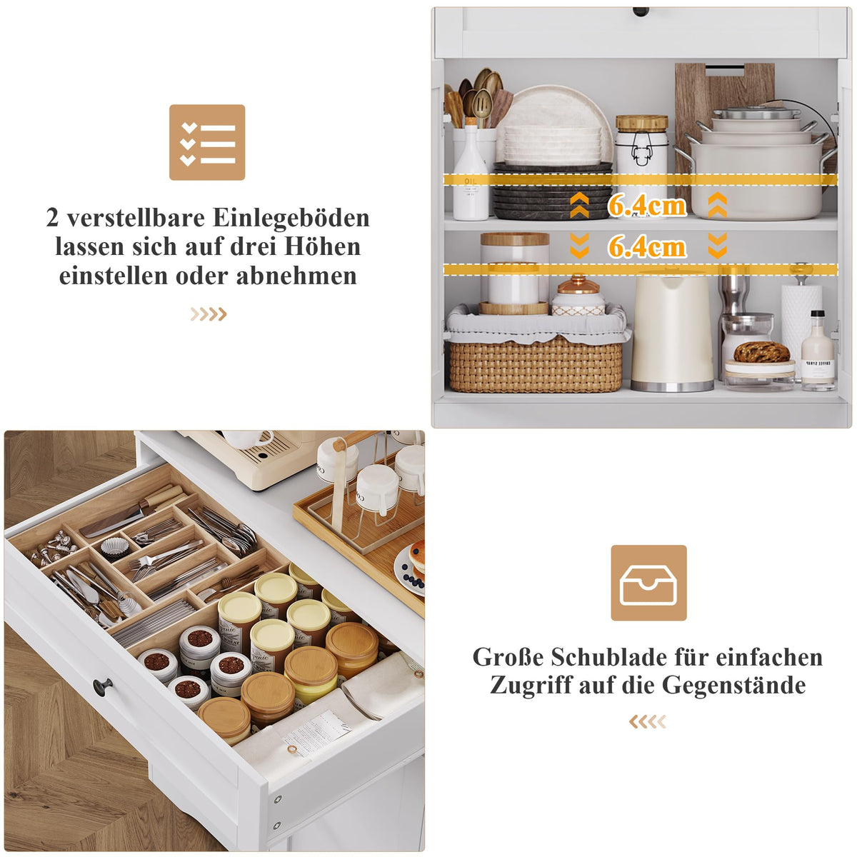 FOREHILL Tall Kitchen Cabinet, Kitchen Buffet Cabinet with Worktop, 4 Doors, Drawer, Cable Hole, Adjustable Shelves, Multi-Purpose Cabinet for Living Room, Kitchen, 75 x 40 x 180 cm, White