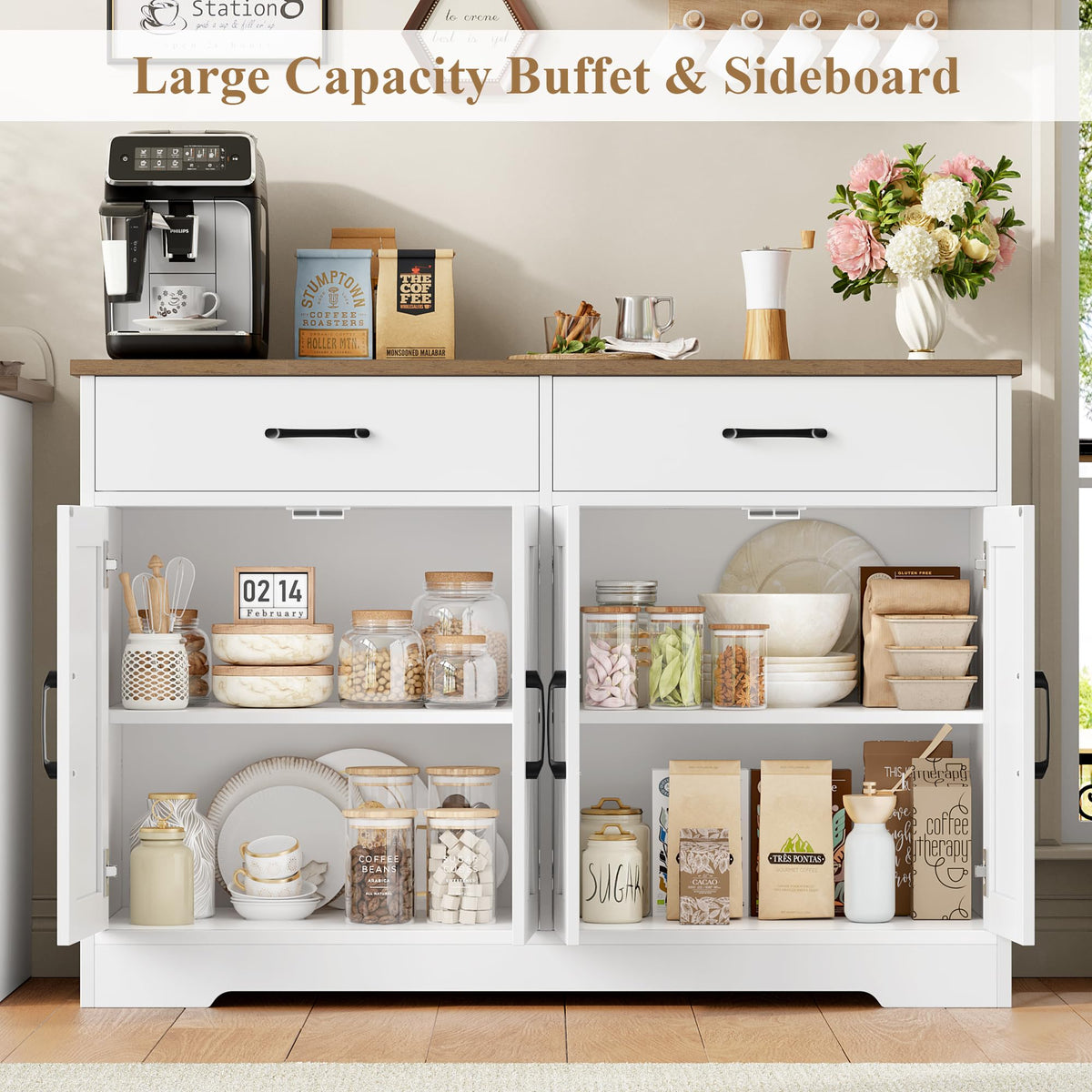 HOCSOK Sideboard, 120 cm Wide Kitchen Cabinet with Worktops, Kitchen Buffet Storage Cabinet with 2 Drawers and 4 Doors, Living Room, Kitchen, Hallway, White & Brown