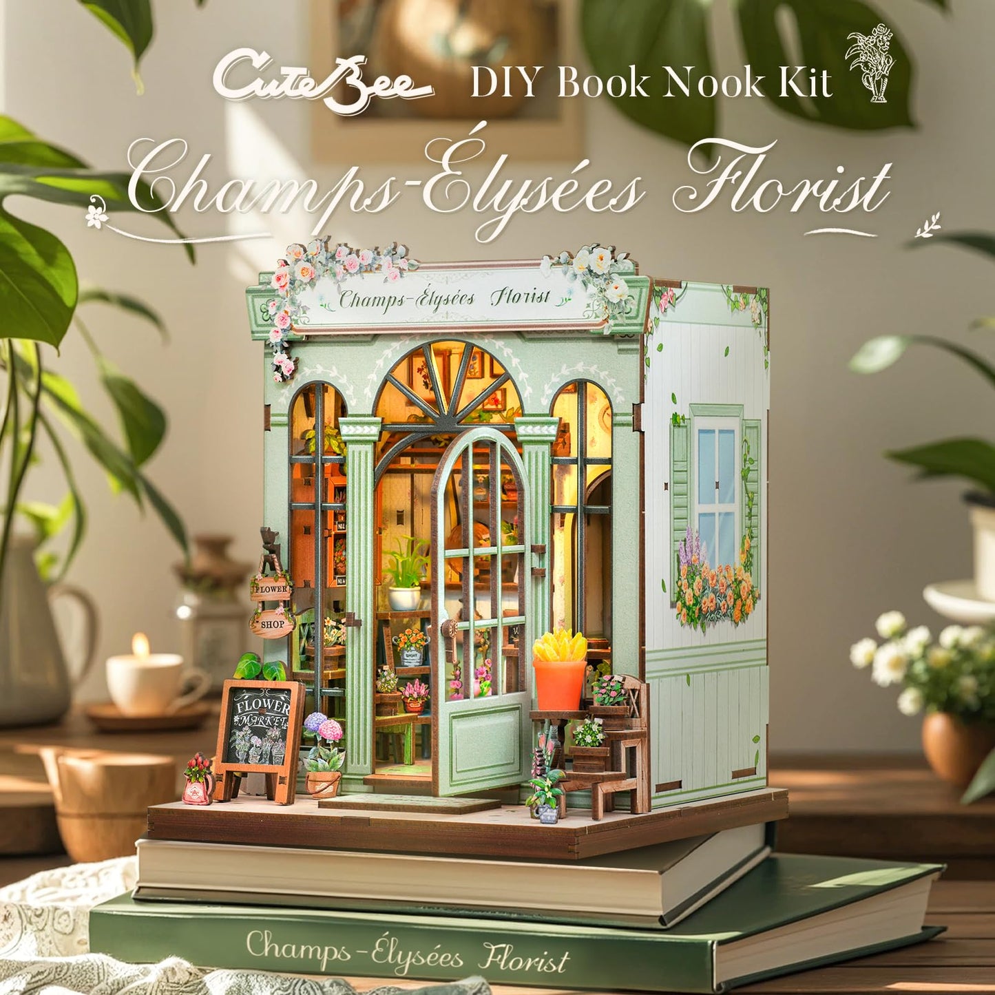 CUTEBEE Book Nook Kit – DIY Puppenhaus Häuser, Miniatur Haus Selber Bauen für Erwachsene, 3D-Holzpuzzle & Buchstütze | Kreatives Set für Bücherregal Dekor | Geschenk,199 PCS (Champs-Élysées Florist)