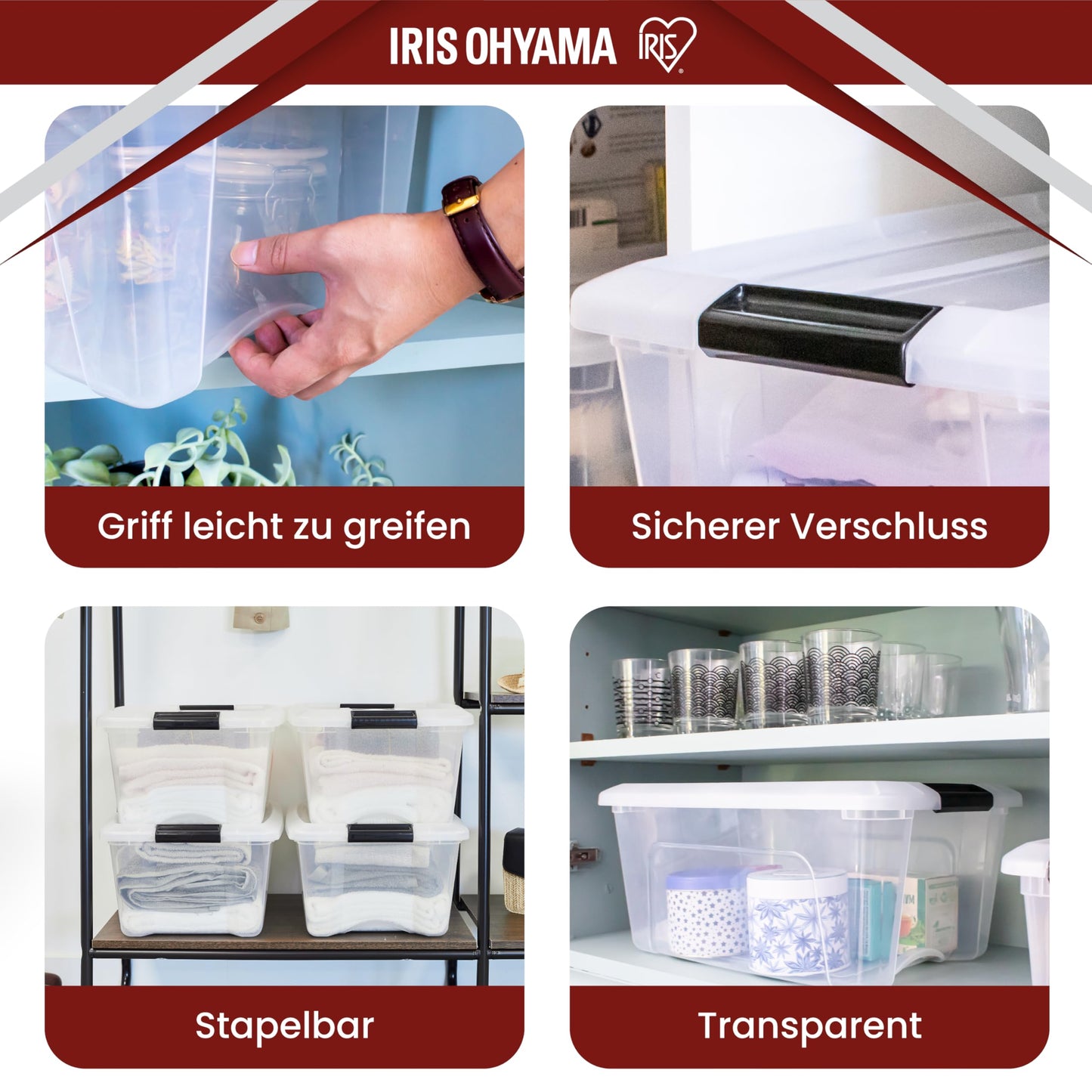 Iris Ohyama Storage Box with Lid, 80L, Set of 4, Transparent, Snap Latches with Handles, Stackable, Strong & Durable, for Clothes, Garage, Home, Office, Plastic Box, Storage TB-84D