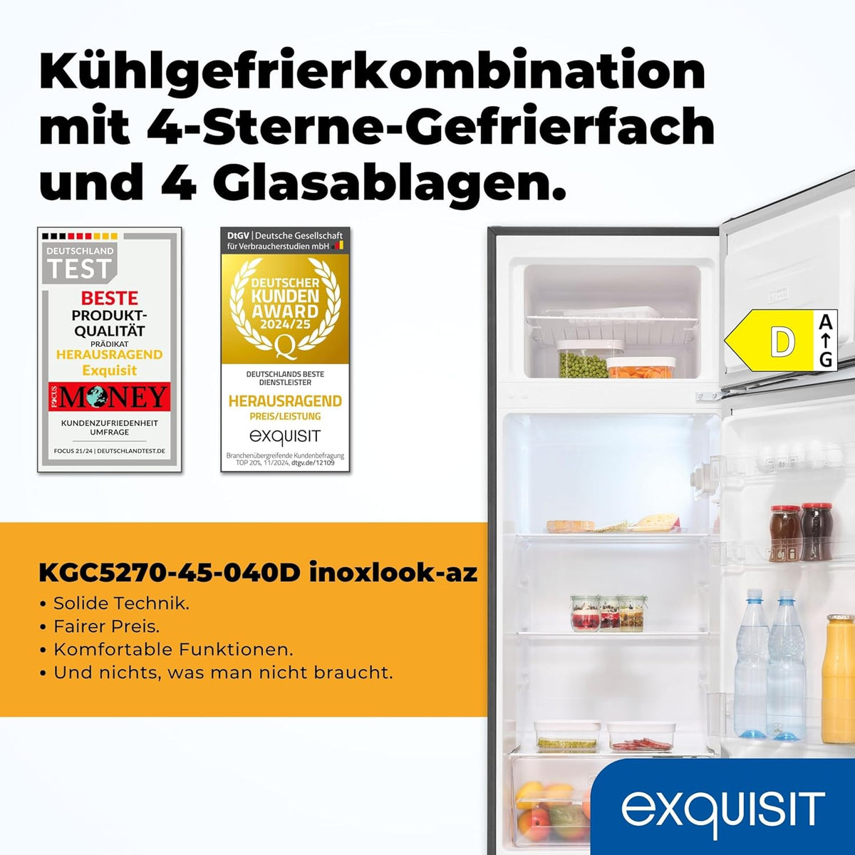 Exquisit KGC5270-45-040D Fridge-Freezer, 206 Litres, 4-Star Freezer, 4 Glass Shelves, Interchangeable Door Hinge, LED Lighting, Inoxlook