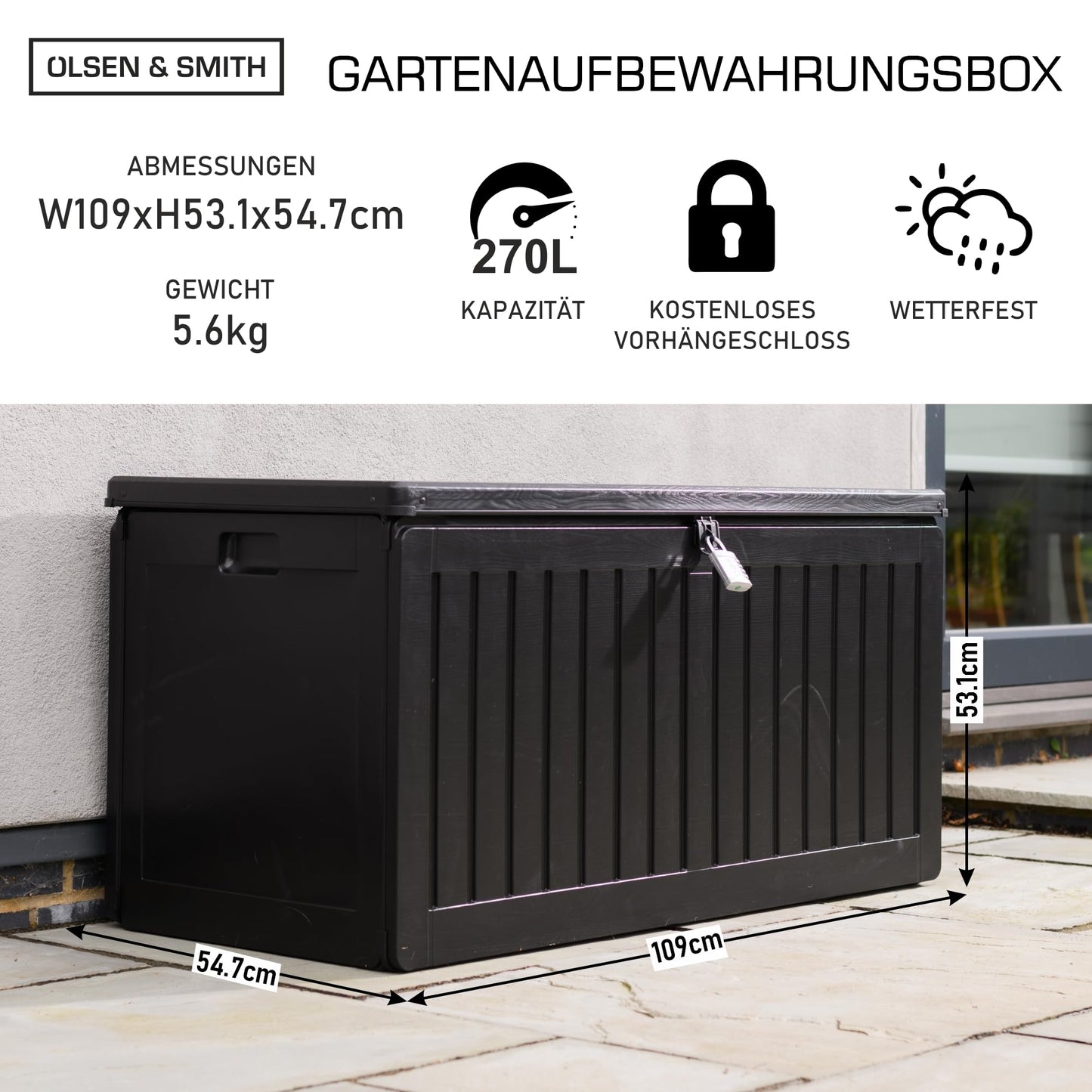 Olsen & Smith 270L Large Capacity Outdoor Garden Storage Box with Padlock Plastic Shed - Weatherproof and Stand Up with Wood Effect Chest (270L, Black)