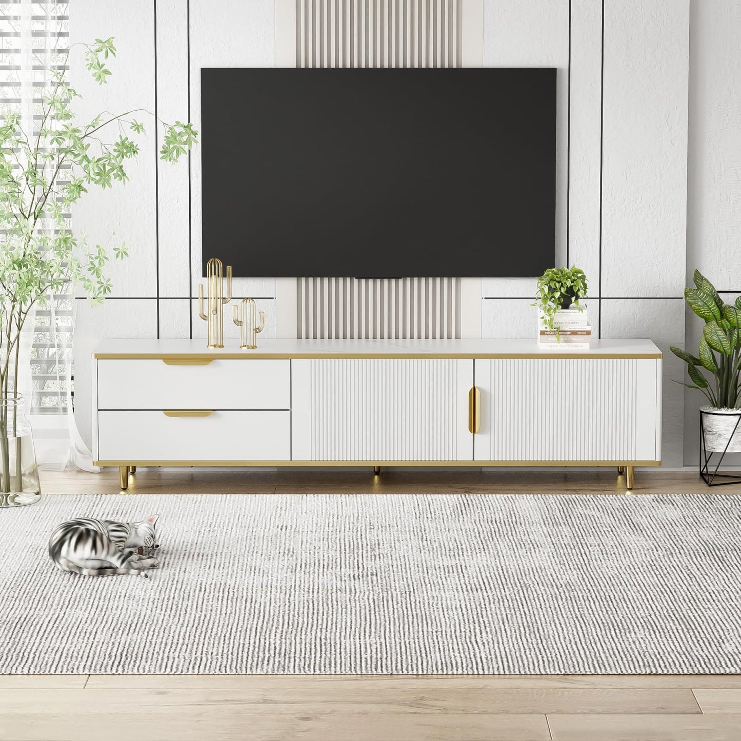 TV Cabinet with 3 Drawers, TV Table with Golden Handles and Legs, Modern TV Stand for TVs up to 75 Inches, Rounded Corners, TV Cabinet for Living Room, 174 x 35 x 41 cm, White
