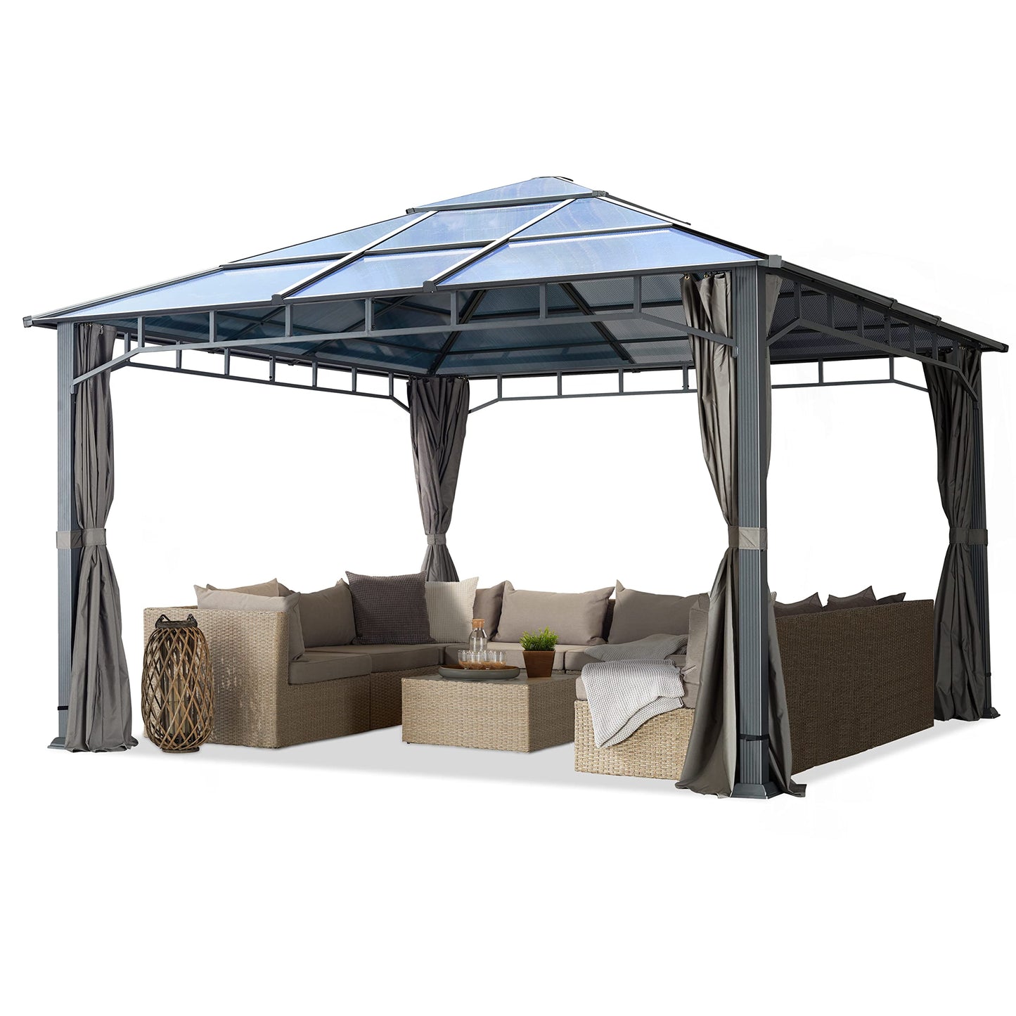 Toolport Garden Gazebo, 3 x 4 m, Waterproof, Aluminium, Deluxe, Polycarbonate Roof Approx. 8 mm, Gazebo with 4 Side Panels, Party Tent, Grey, 9 x 9 cm Profile