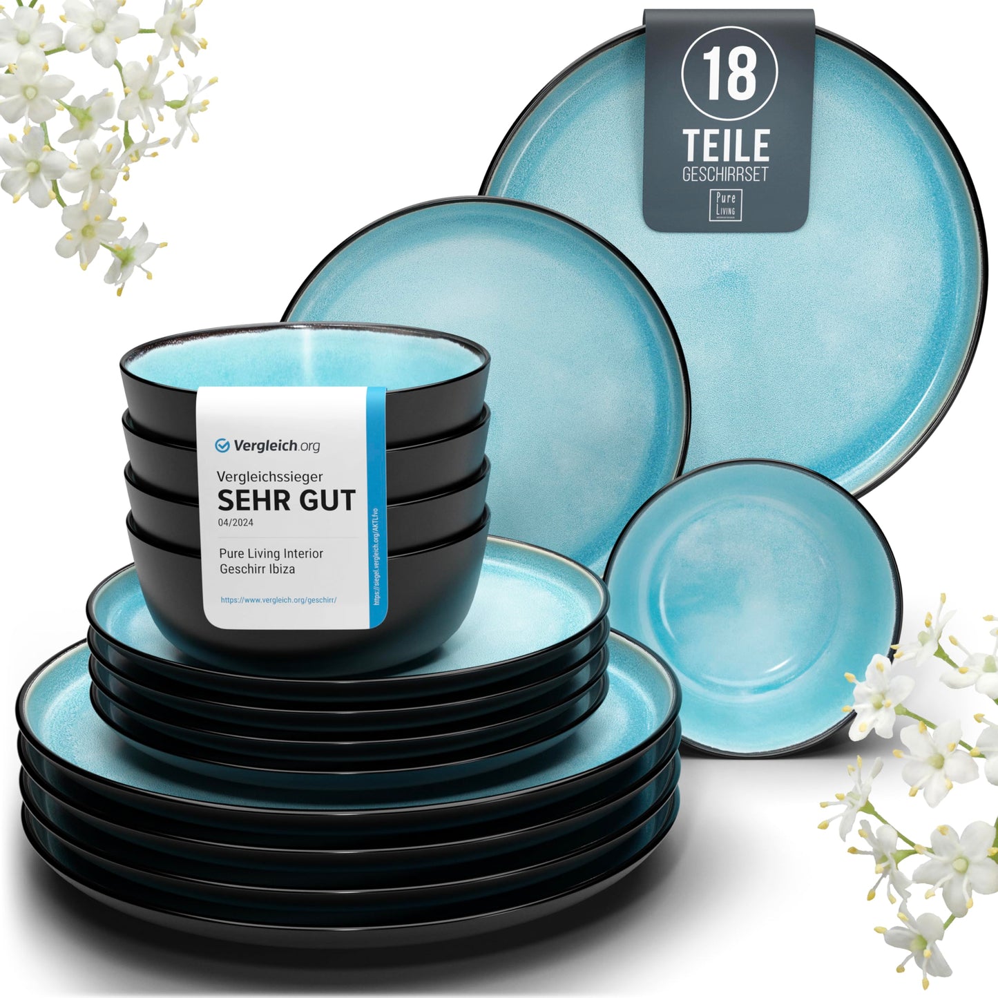 Ibiza Stoneware Crockery Set for 12 People, 48 Pieces, Test Winner, Dreamlike Mediterranean Stoneware Crockery Set, Bowl and Plate Set, Dinner Service for 12 People, Pure Living Crockery Sets in Deep