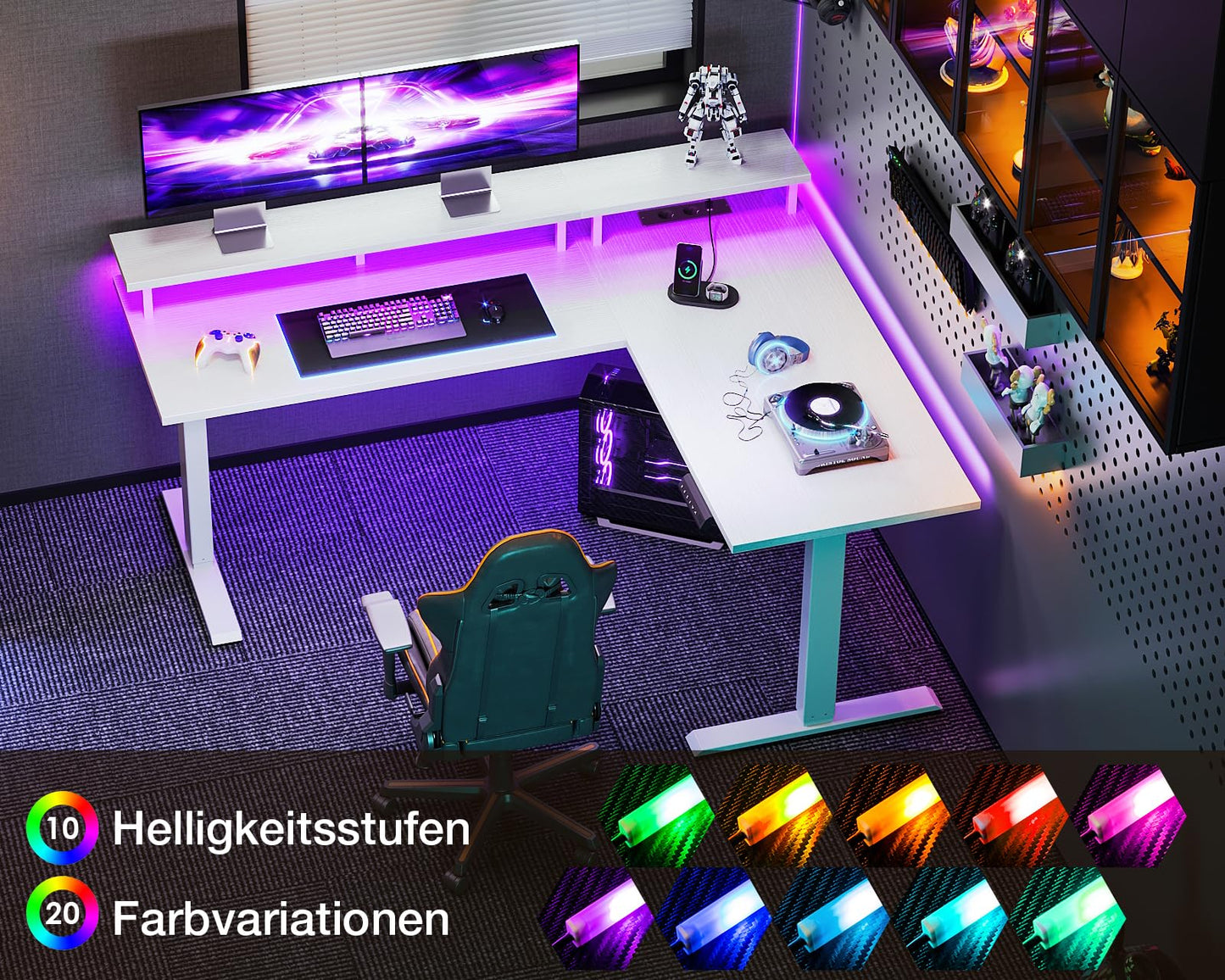 OffiGo Height Adjustable Desk, 150 x 120 cm, Corner Desk, Height Adjustable with Monitor Holder, Electric Desk, L Shape with Sockets, Computer Desk with LED Light Strip for Office, White