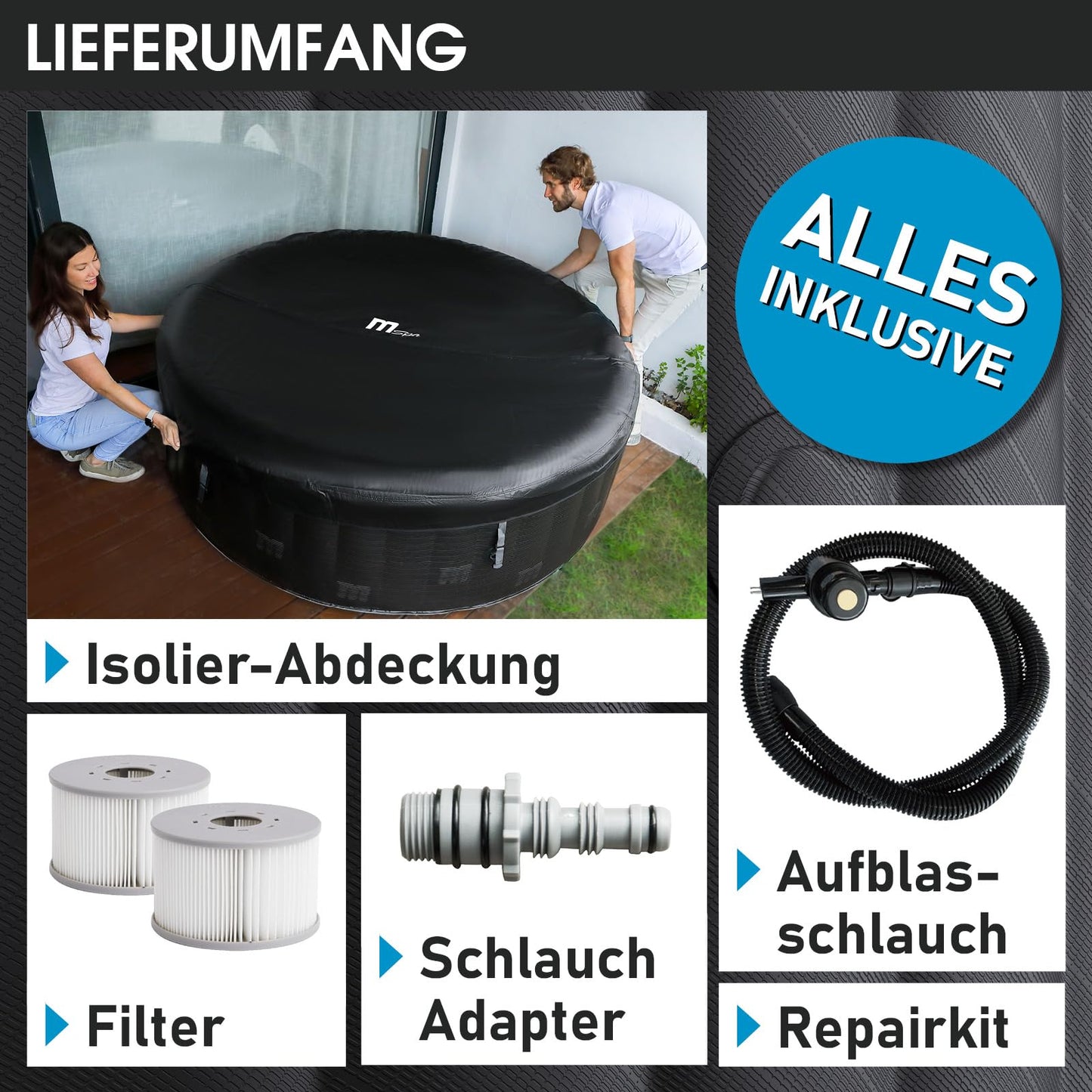 BRAST® Whirlpool aufblasbar MSpa | 4-8 Personen | viele Modelle rund und eckig | Ø 125-224cm | In- Outdoor Pool | bis zu 144 Massagedüsen | inkl. Aufblasfunktion Abdeckung Timer Heizung | Duet