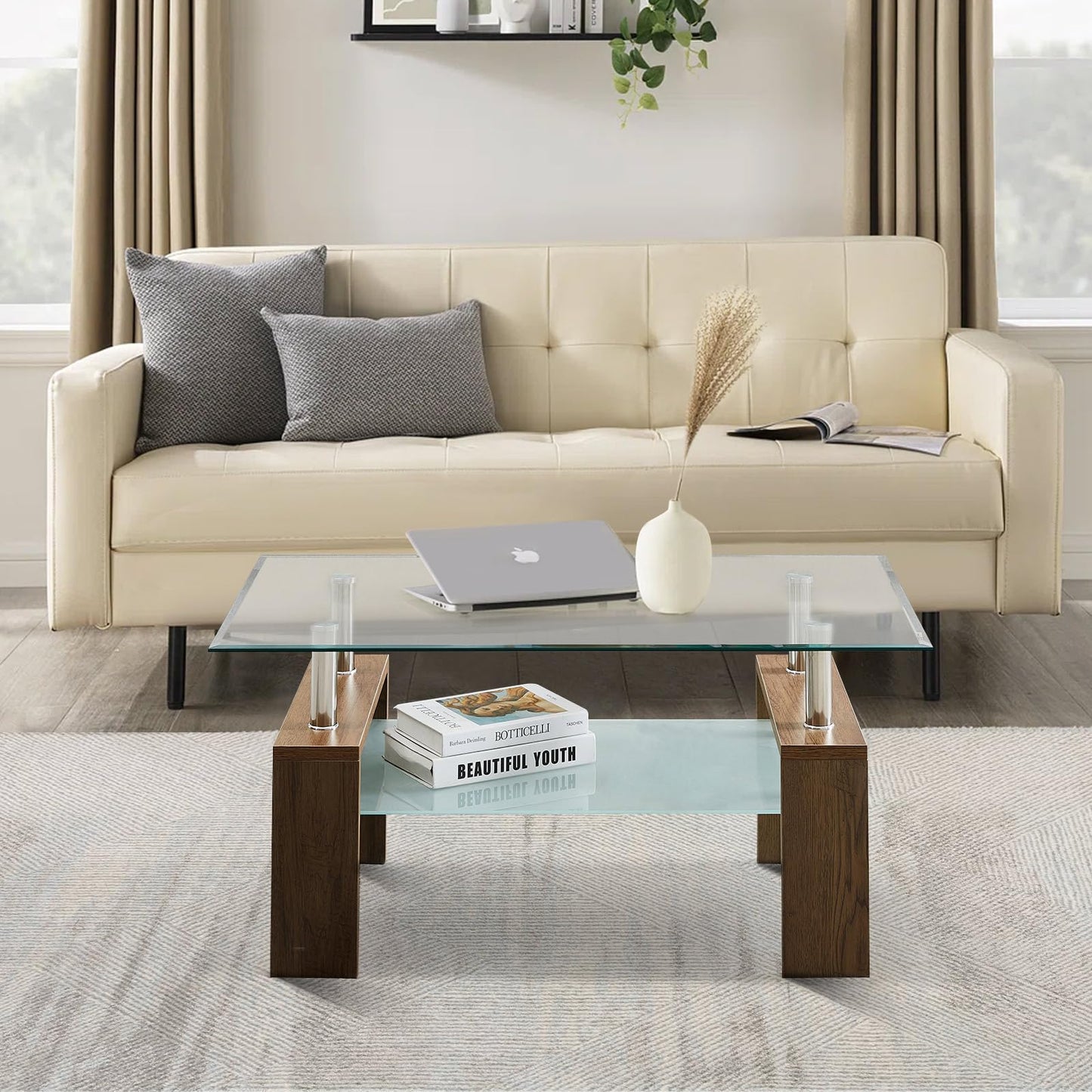 CLIPOP Rectangular Coffee Table Made of Tempered Glass, Living Room Table, Modern Sofa Table with Storage Space, Coffee Table, Glass Table with Lower Shelf for Living Room, Balcony, Bedroom, 100 x 60