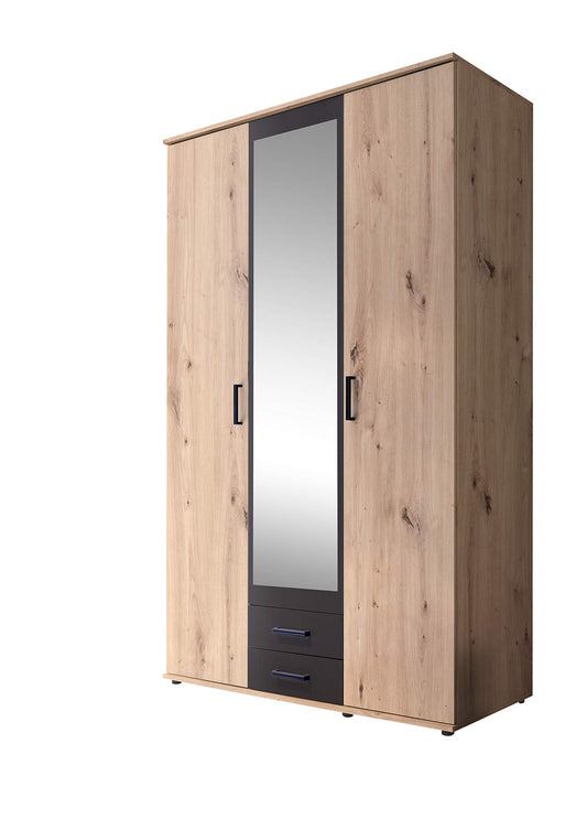 Stella Trading CHICAGO Eleganter Kleiderschrank mit viel Stauraum - Vielseitiger Drehtürenschrank in Artisan Eiche Optik und Absetzungen in Anthrazit - 156 x 197 x 54 cm (B/H/T)