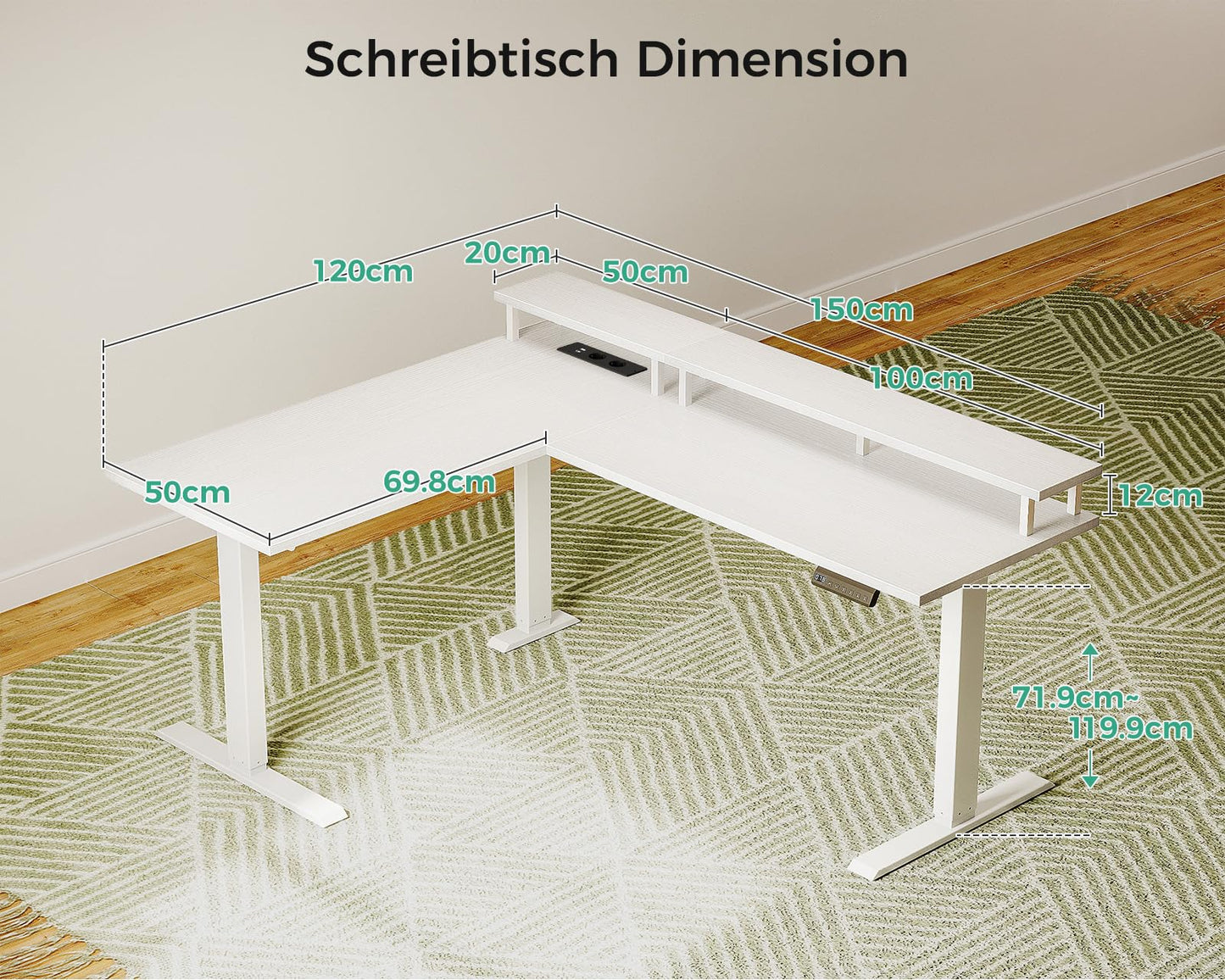 OffiGo Height Adjustable Desk, 150 x 120 cm, Corner Desk, Height Adjustable with Monitor Holder, Electric Desk, L Shape with Sockets, Computer Desk with LED Light Strip for Office, White