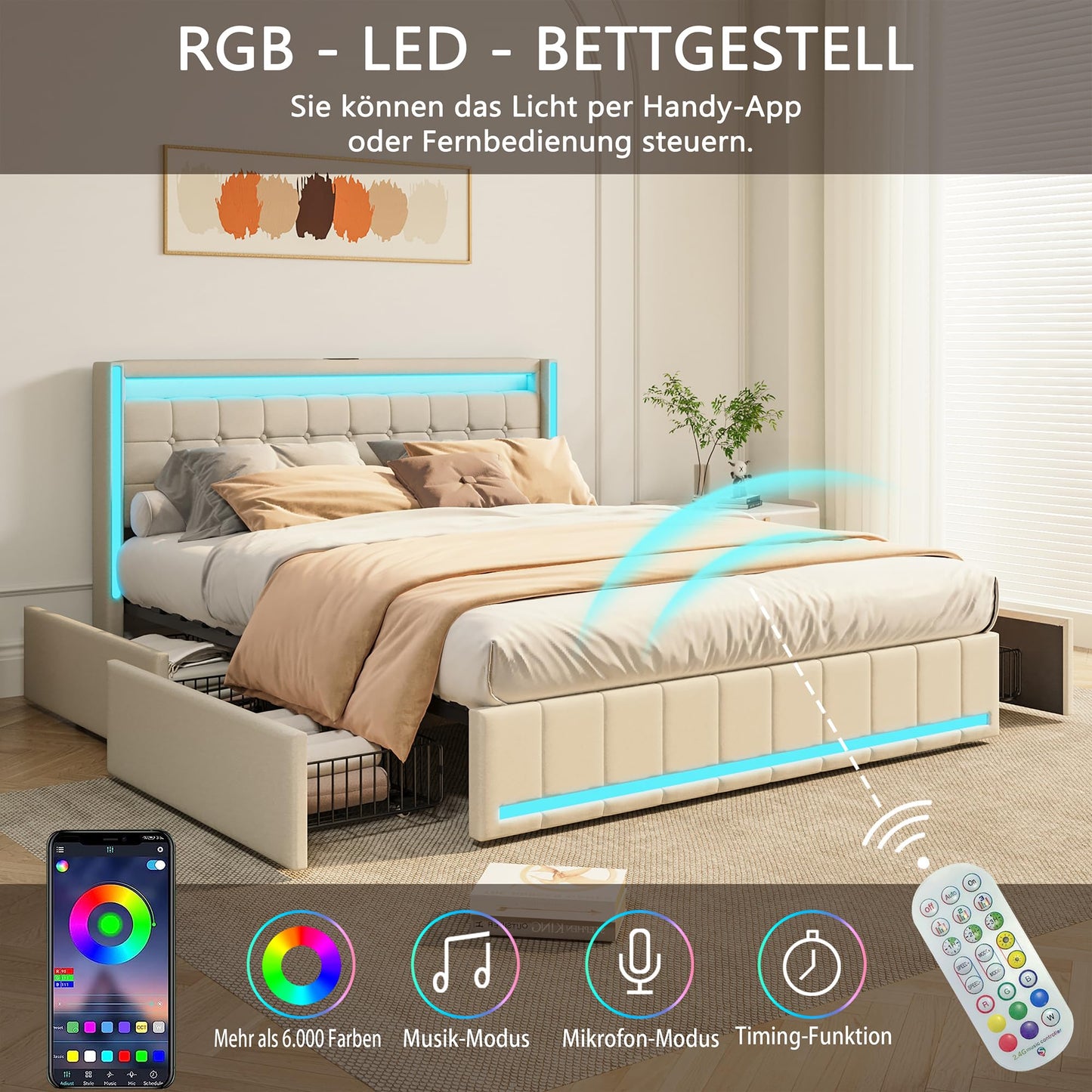 KeepGoon Doppelbett 140 x 200 cm,Polsterbett mit LED-Leuchten, 4 Eisenschubladen und einem USB Ladeanschluss,Stauraumbetten Bettgestell,Leinenstoff (Beige)