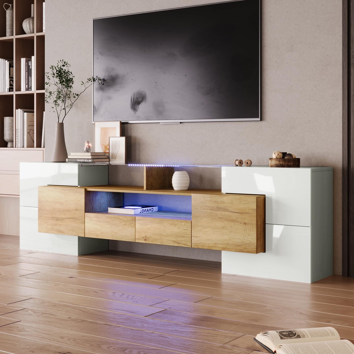 LANTRO JS TV Cabinet 200 cm Long with Elegant Glass Surface, TV Lowboard in Marble Look, TV Cabinet with LED Lighting, White and Black