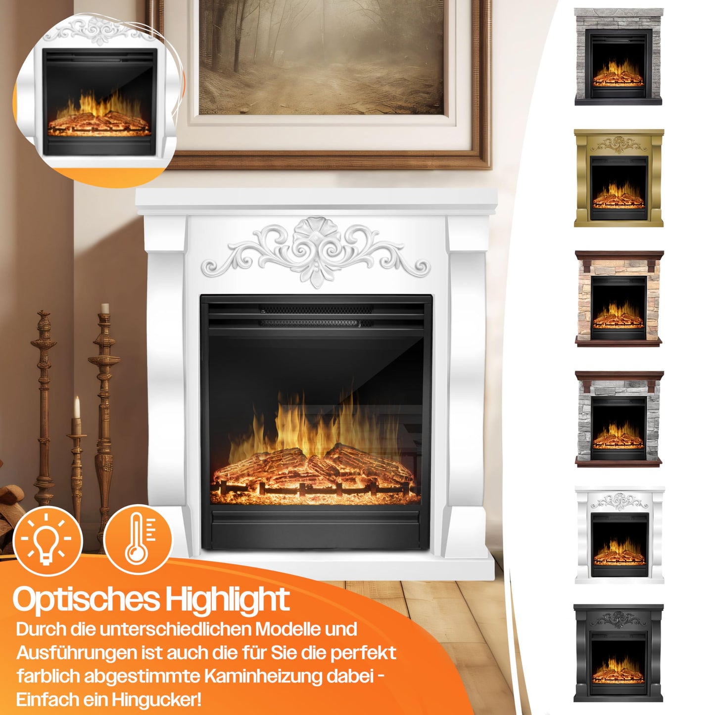 KESSER® Electric Fireplace with LED 3D Flame Effect, Heating Function, 1,800 W Power, Timer, Thermostat, Remote Control, Dimmable, Natural/Brown