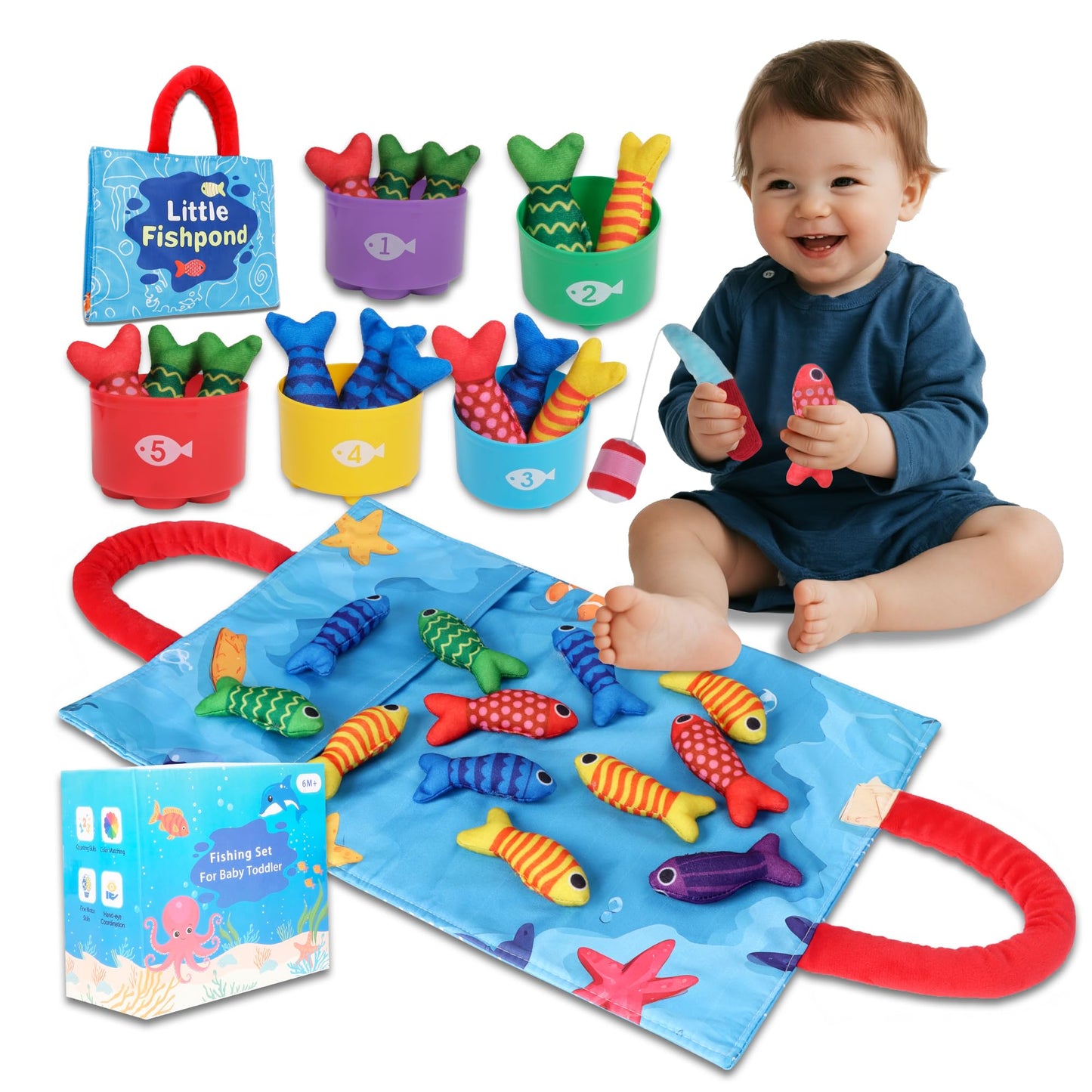 TenFans Montessori Fishing Game from 1 Year Made of Fabric - With Stacking Cups & Colour Sorting Set - First Birthday Gift - Travel Learning Toy with Sensory Activity