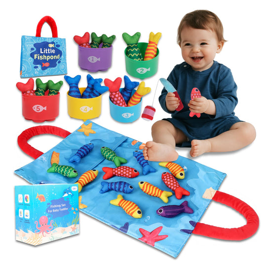 TenFans Montessori Fishing Game from 1 Year Made of Fabric - With Stacking Cups & Colour Sorting Set - First Birthday Gift - Travel Learning Toy with Sensory Activity
