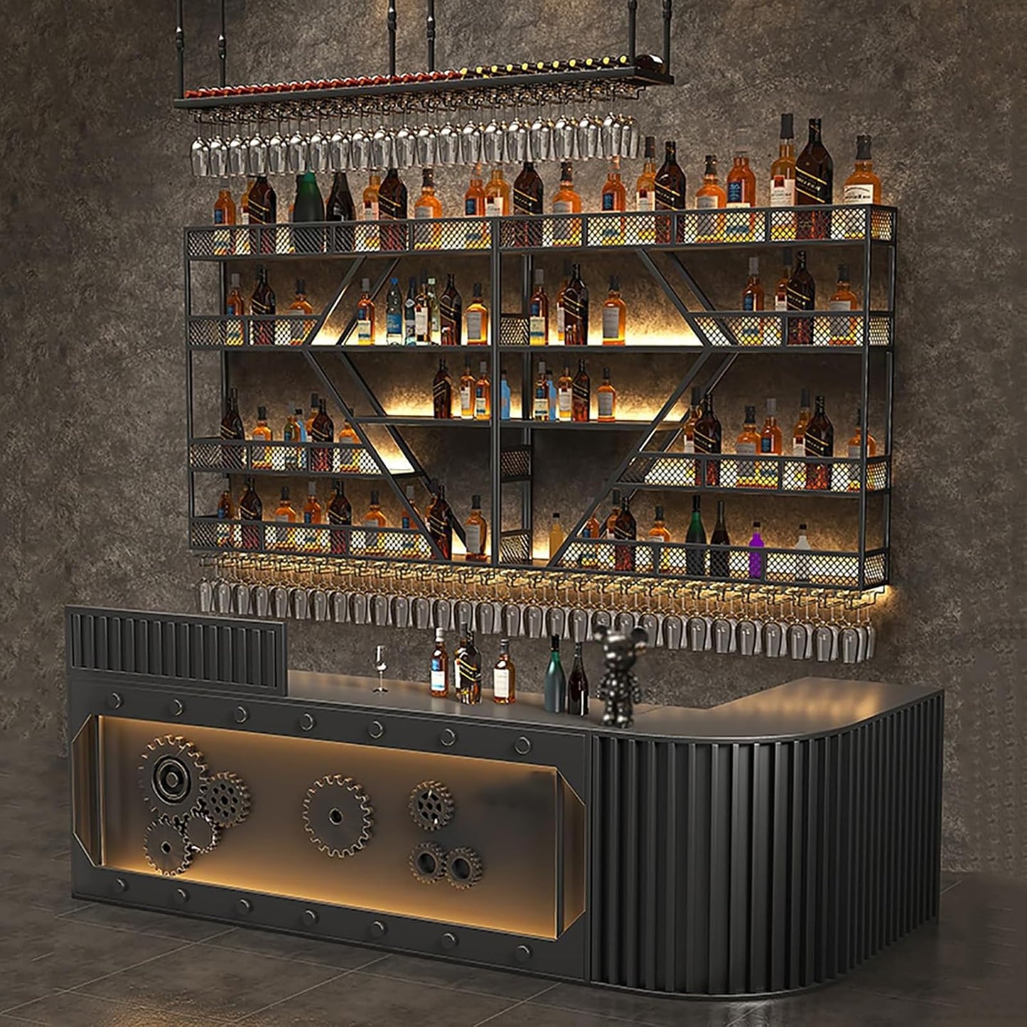 Wall Wine Rack Metal with LED Lighting and Modular Wine Bottle Holder Modern Wine Storage for Home Bar, Kitchen, Catering Robust Holder + Easy Assembly (Includes Dowels) (Black, 2.4 m)