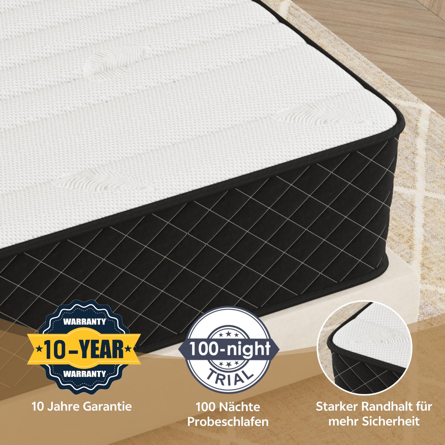 PurrJoys Mattress, 140 x 200 cm, Height 25 cm, Pocket Sprung Core, H3 and H4, 7-Zone, Breathable, Oeko-Tex Certified, for Side Sleepers and Back Sleepers