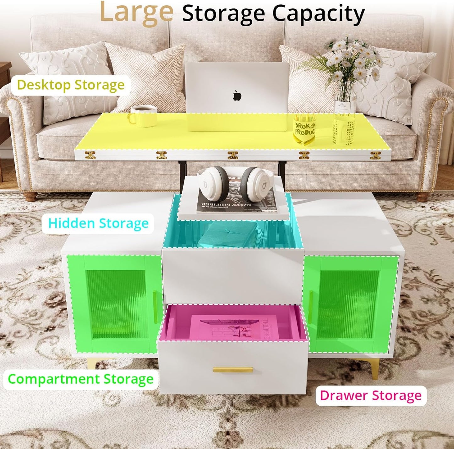 VOWNER Coffee Table Height Adjustable, 3-in-1 Multifunctional Living Room Table with Drawer, Coffee Table with Storage Space, Convertible into Living Room Dining Table, White