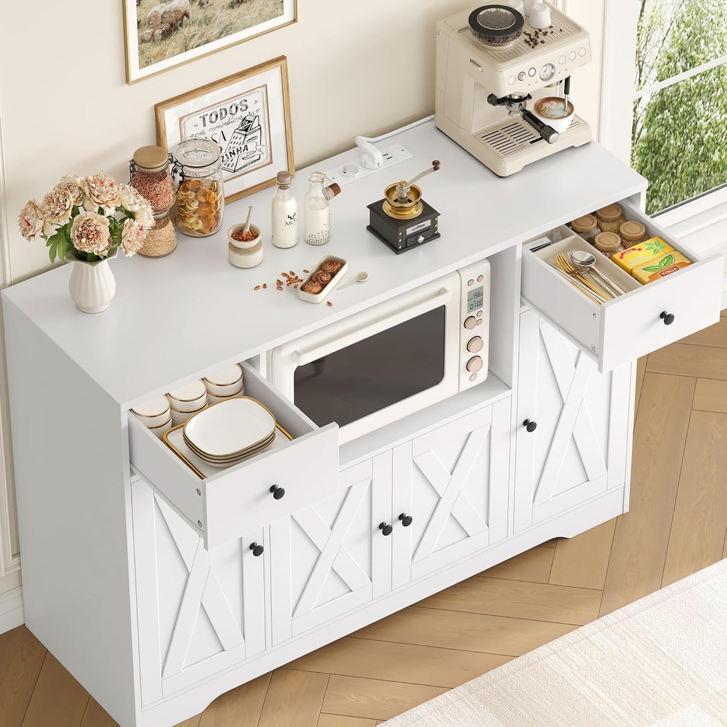 HOCSOK 120 cm Sideboard Kitchen, Kitchen Cabinet with Socket and Microwave Shelf, Storage Cabinet Buffet Cabinet with Adjustable Shelves for Kitchen, Dining Room, Living Room, 120 x 85 x 40 cm