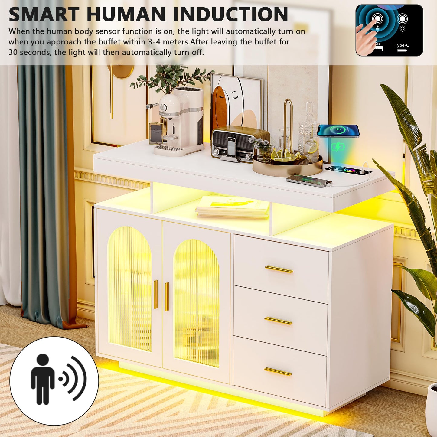 Lvifur Buffet Cabinet, Sideboard, White, Storage Cabinet with Wireless Charging Station, Automatic Sensor, RGB 20 Colours, Dimmable Sideboard, Intelligent Sensors, Chest of Drawers, Living Room, Black