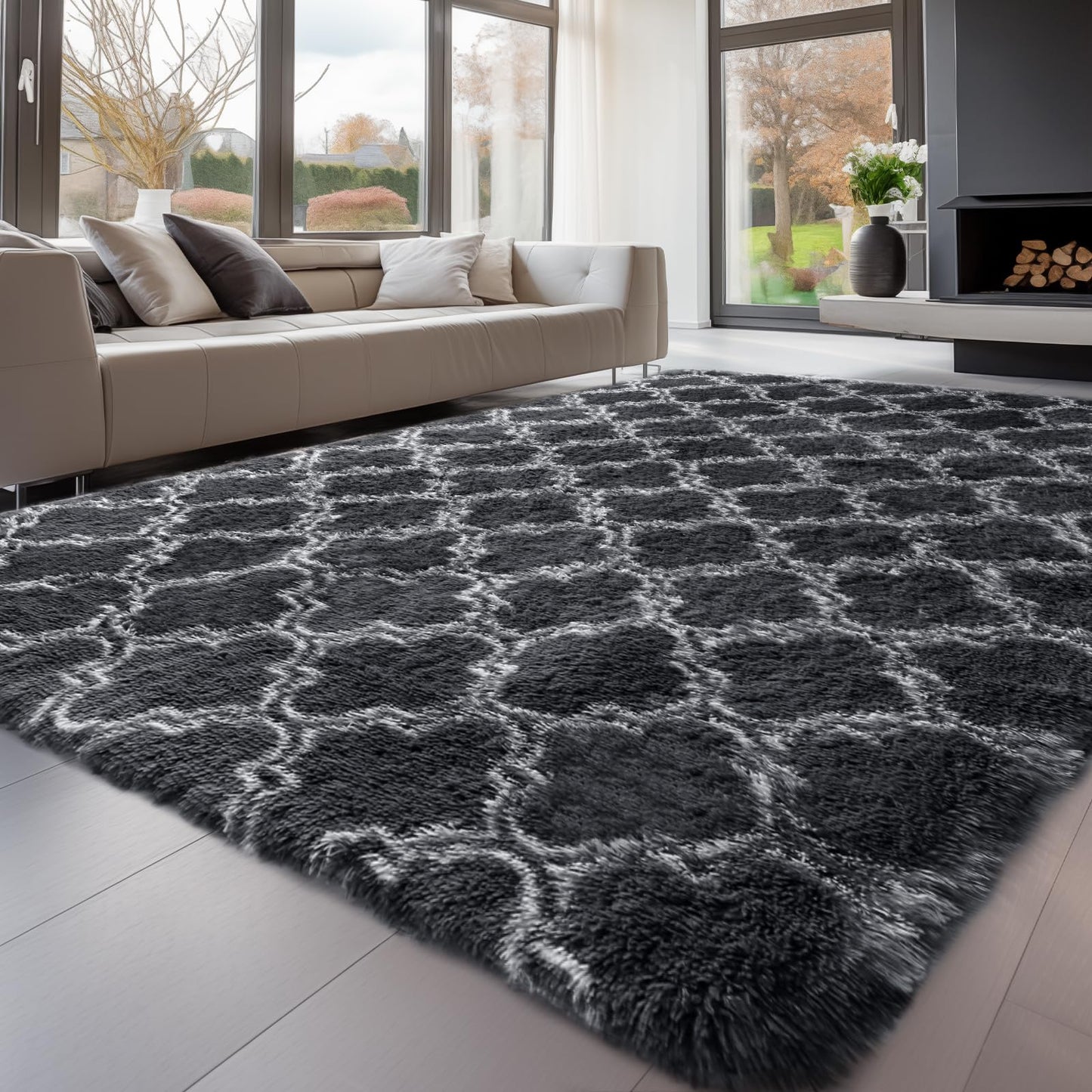 Sour Lemon Hochflor Teppich Grau Teppich Wohnzimmer 140x200 Waschbar Anti-Rutsch Extra Große Teppiche Schlafzimmer Flauschige Moderne Teppiche Matte Teppichen für Schlafzimmer Kinderzimmer