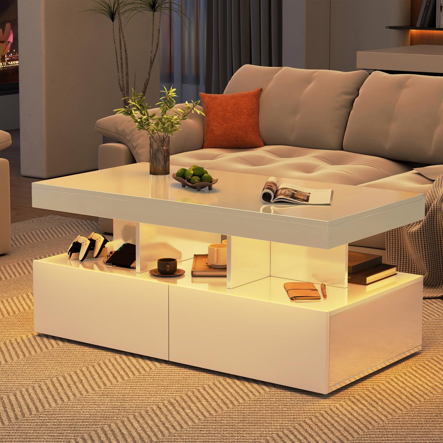 Coffee Table with LED Lighting, High Gloss Living Room Table with 2 Silent Drawers and Open Compartment, Elegant Side Table for Living Room and Office (White)