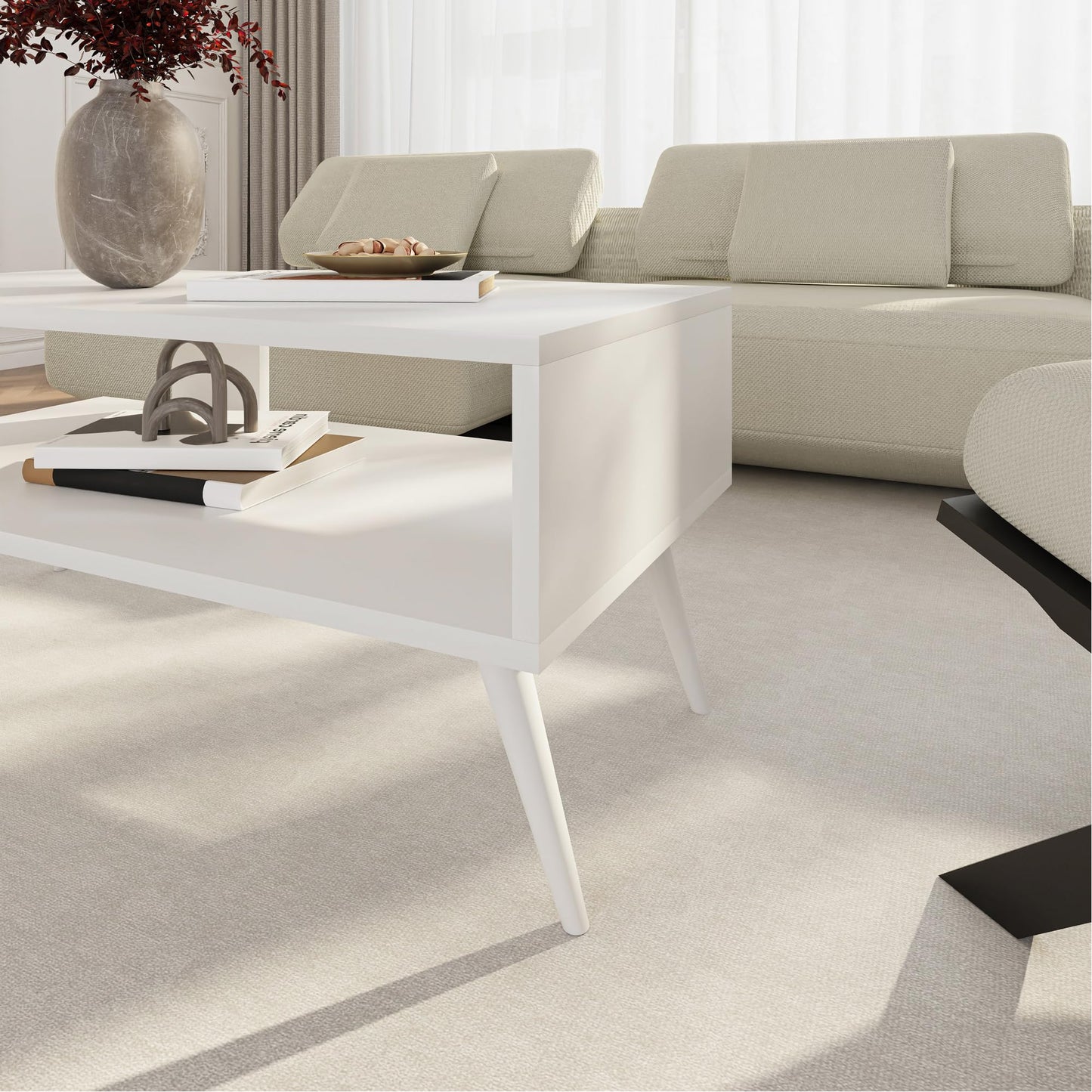 [en.casa] Lycksele Coffee Table Living Room Table with Storage Space Rectangular Black Marble Look White with Lower Shelf Sofa Table