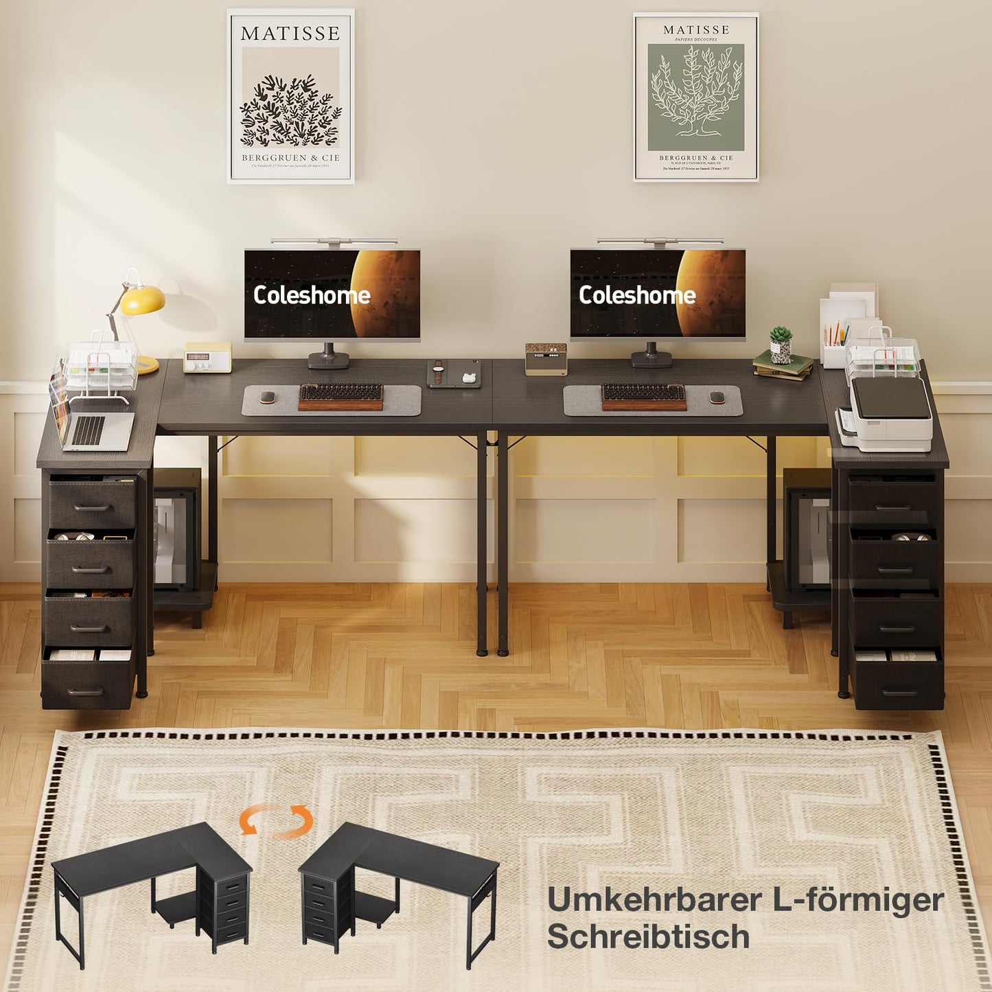 Coleshome Corner Desk, 100 x 70 cm, L Shape Desk with 4 Drawers, Reversible Computer Desk for Office, Study, Bedroom, White