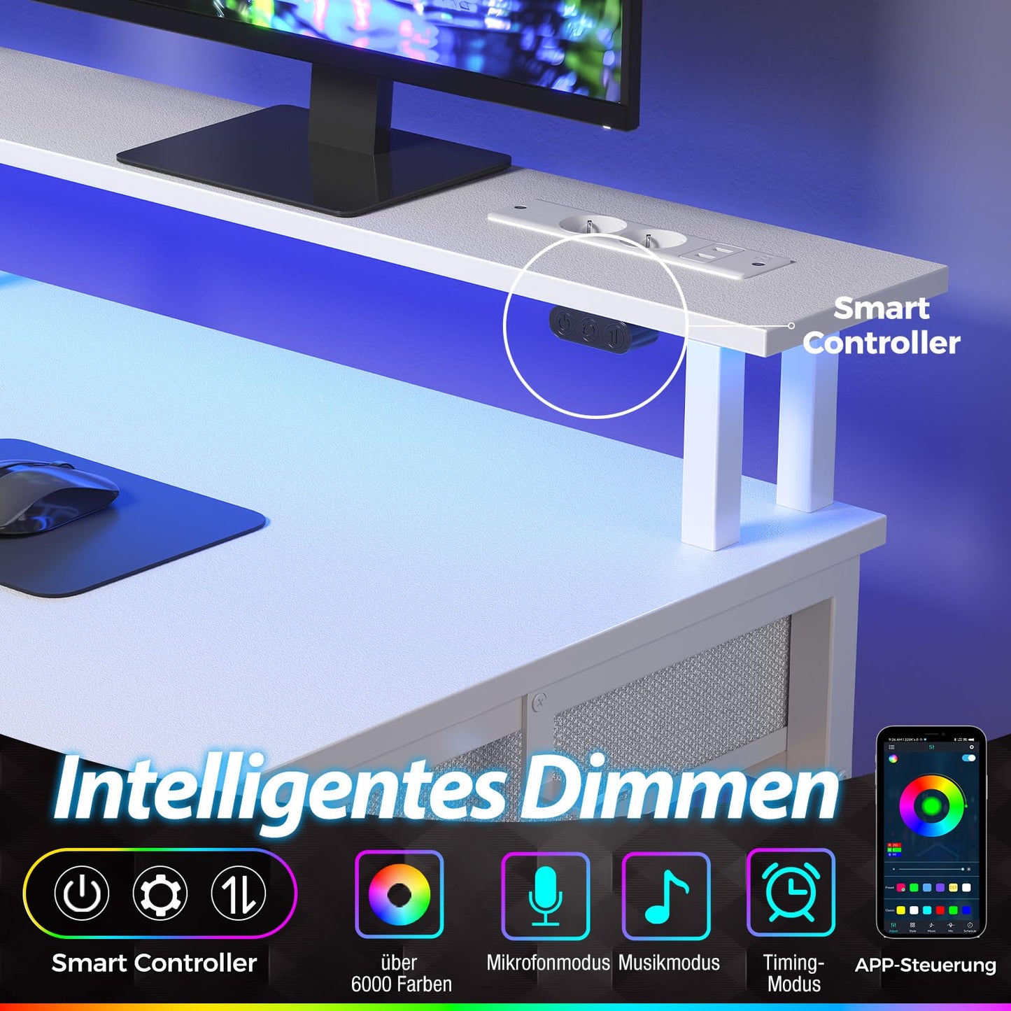 Rolanstar Desk with Drawers, 120 x 47 cm Gaming Table with Socket, LED & Monitor Stand, Computer Desk with Keyboard Tray, Gaming Desk for Home Office, Office, Living Room, White