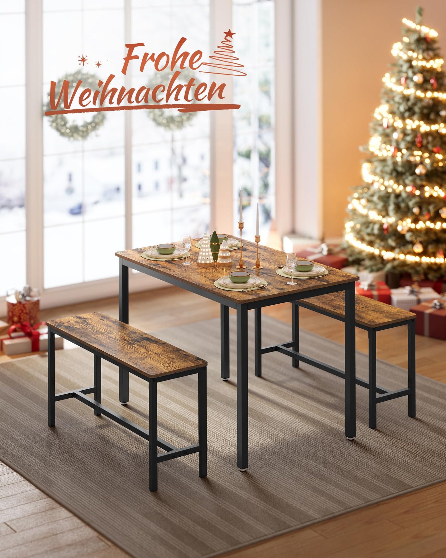 Vasagle Dining Table Kitchen Table Set 110 x 70 x 75 cm with 2 Benches 97 x 30 x 50 cm Metal Frame Kitchen Living Room Dining Room Industrial Design Vintage Brown Black KDT070B01