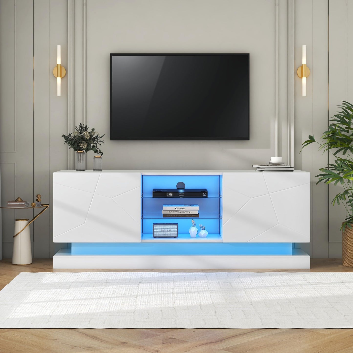 TV Cabinet, TV Stand with 2 Lockers, 200 cm Long, Adjustable Shelves, High Gloss LED TV Lowboard for Living Room Furniture and Dining Room, Bedroom