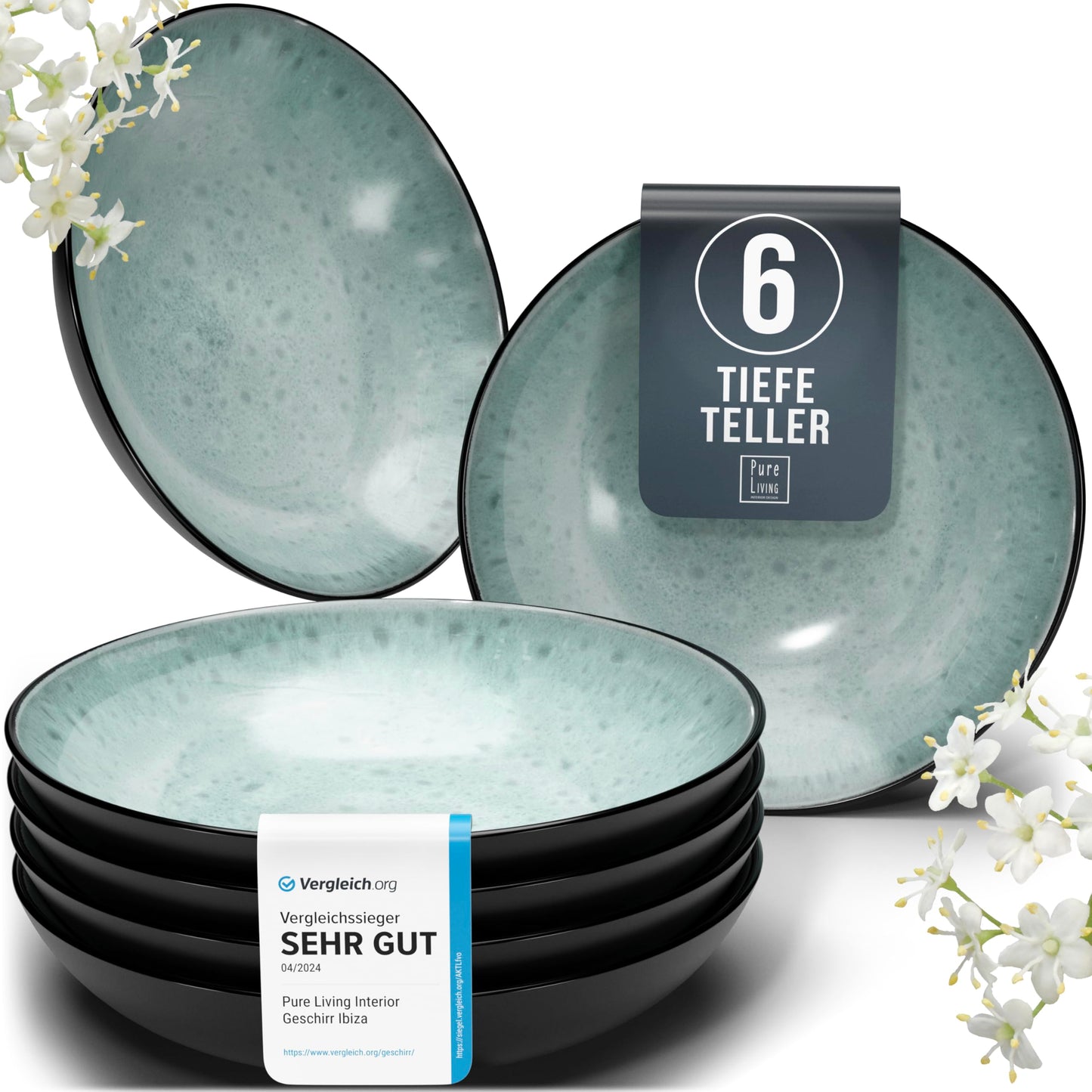 Ibiza Stoneware Crockery Set for 12 People, 48 Pieces, Test Winner, Dreamlike Mediterranean Stoneware Crockery Set, Bowl and Plate Set, Dinner Service for 12 People, Pure Living Crockery Sets in Deep