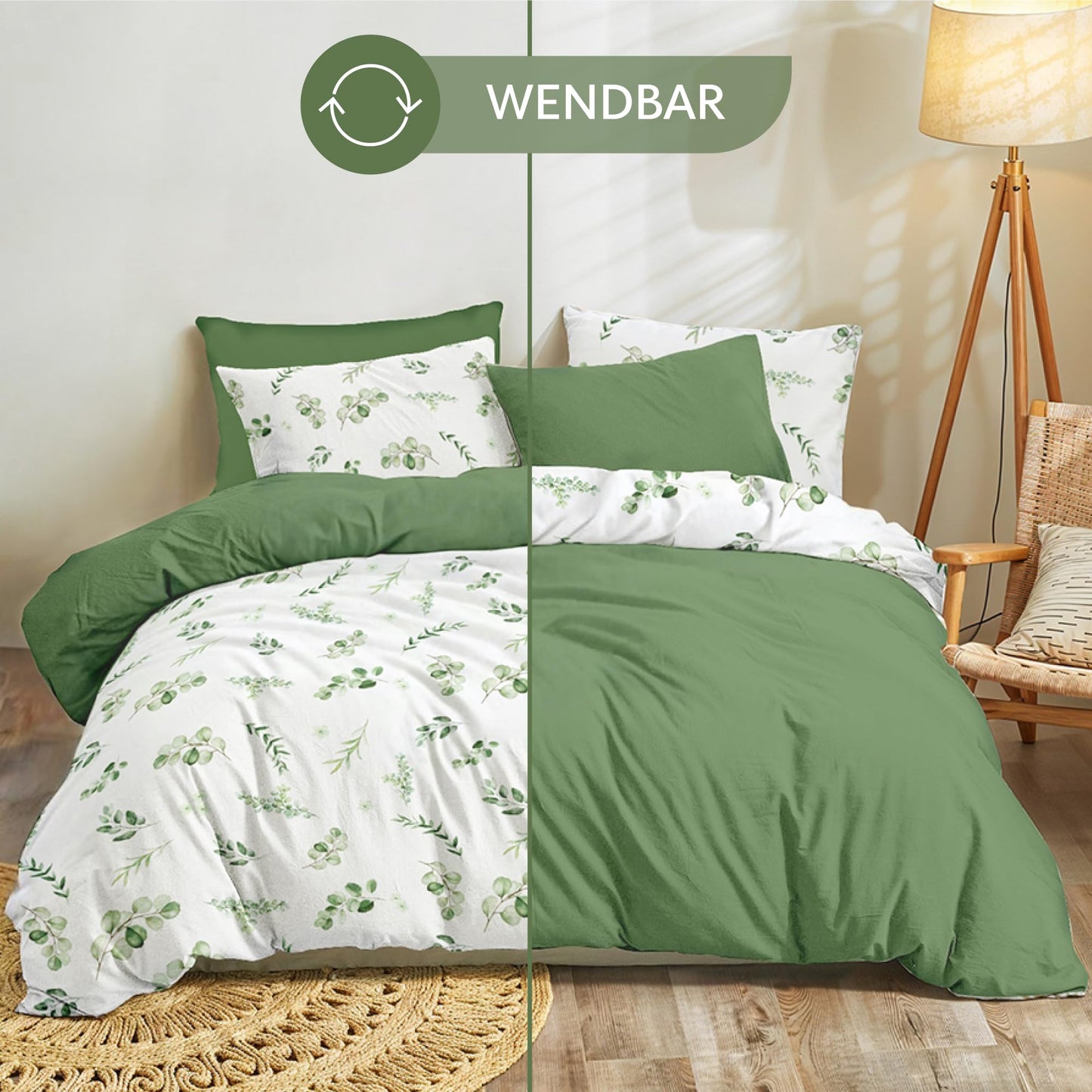 Dreamzie Bed Linen Set 155 x 220 cm with 2 Pillowcases 80 x 80 cm, Botanic Motif Sage Green, Adult Bed Linen, 155 x 220 cm, Made of 100% Microfibre, Certified, No Chemicals (OEKO TEX)