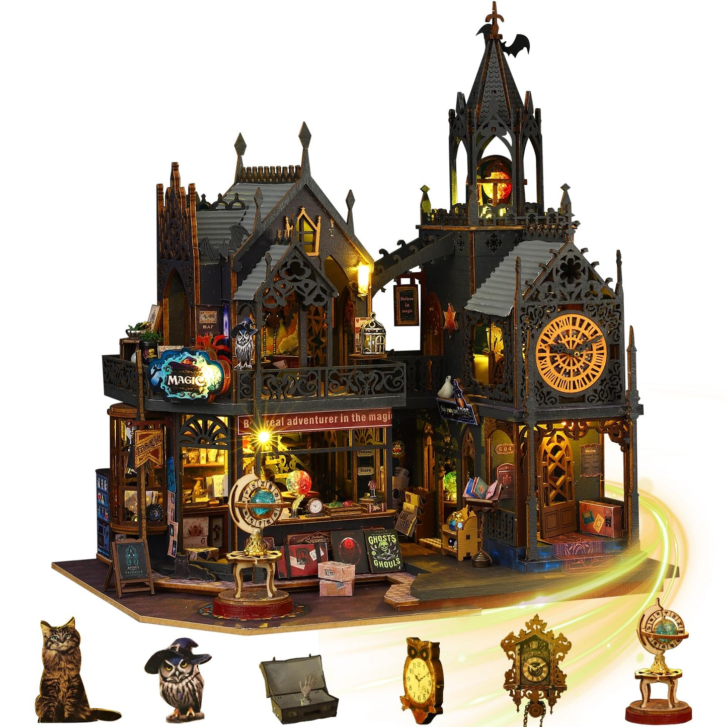 Mostop DIY Miniature Dollhouse Kit,Wooden Dollhouse Construction Kit,Miniature House Kit with LED Light und Bewegungen,Creative Room Idea for Children/Adults,Magic House,DIY Kits (Twilight Book City)