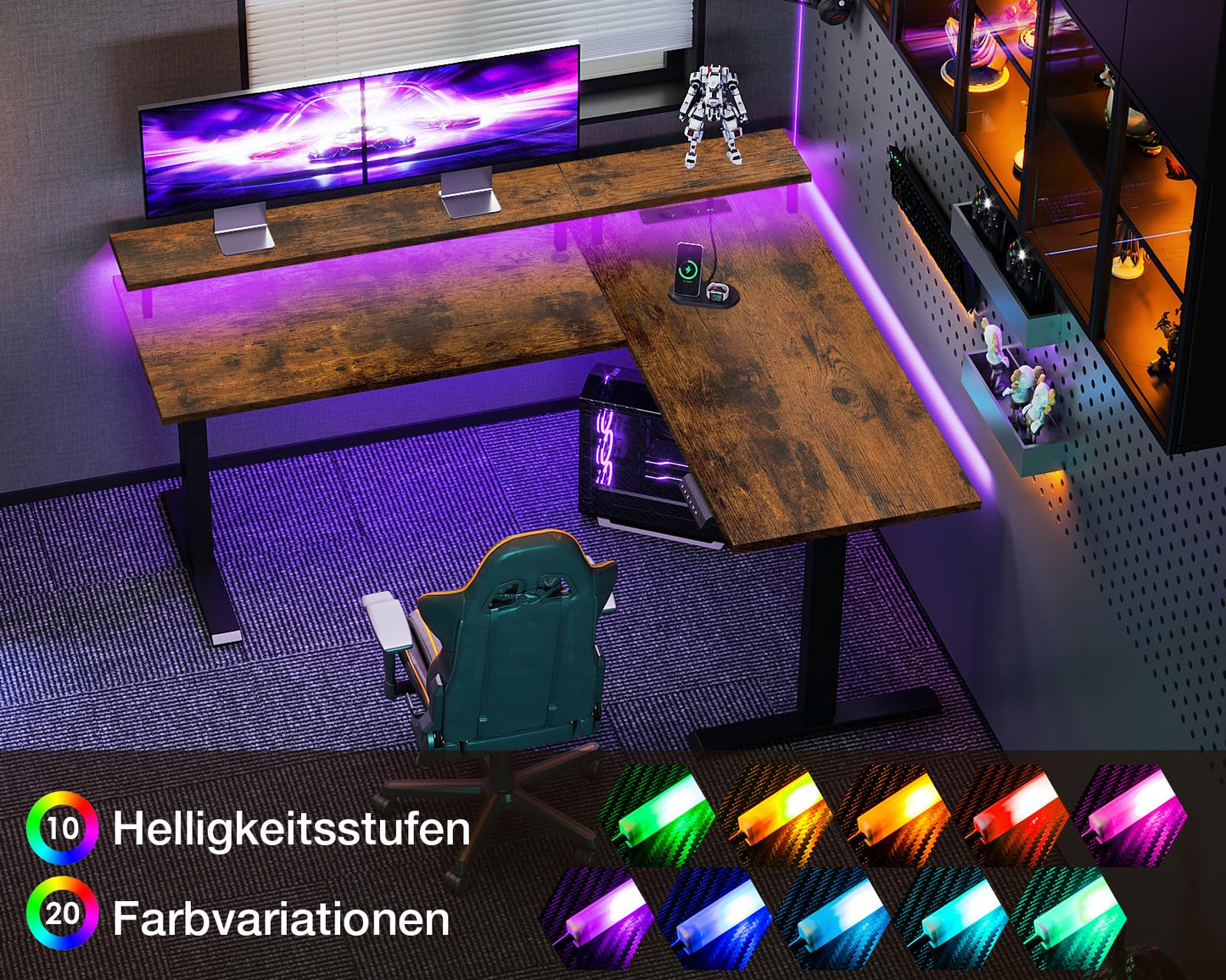 OffiGo Height Adjustable Desk, 150 x 120 cm, Corner Desk, Height Adjustable with Monitor Holder, Electric Desk, L Shape with Sockets, Computer Desk with LED Light Strip for Office, White