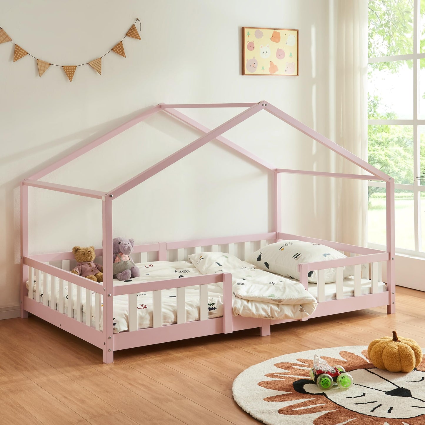 [en.casa] Treviolo Children's Bed 140 x 200 cm Wooden Bed for Children with Fall Protection Montessori Bed Frame with Slatted Frame Pine Wood White