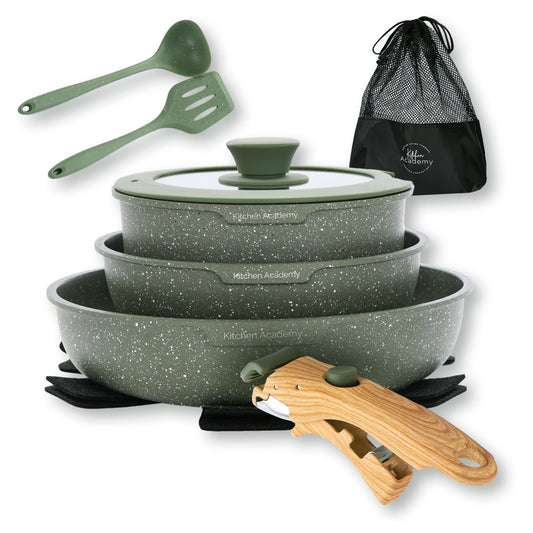 Kitchen Academy Pfannenset Abnehmbarer Griff - 10 Teilig Induktion Töpfe Set für alle Herdarten, Pfanne 20/25cm, Topf 18 cm