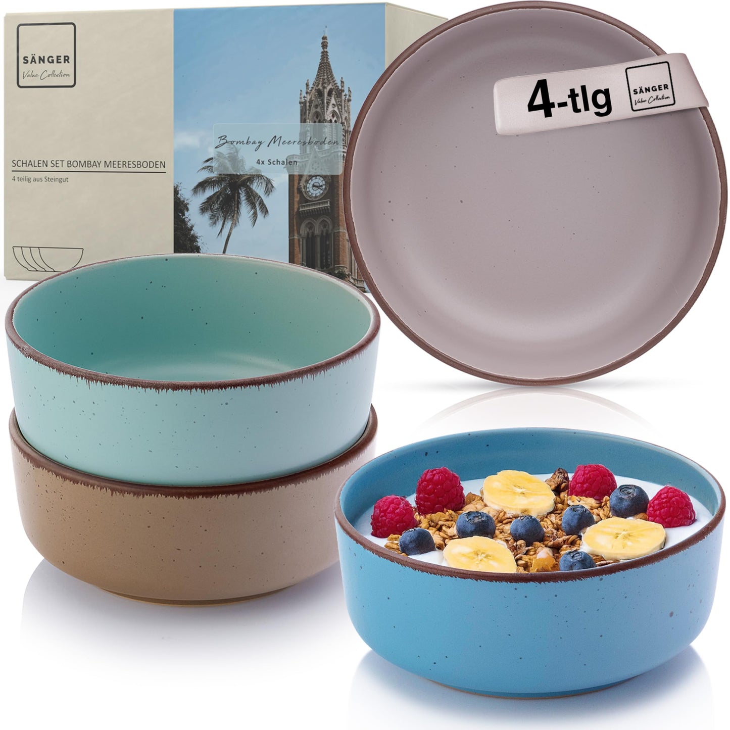 SÄNGER Bombay Seabed Crockery Service 20 Pieces, Stoneware Crockery for 4 People, 4 x Dinner Plates, 4 x Dessert Plates, 4 x Bowls, 4 x Pasta Plates, 4 x Coffee Mugs, Plate Set Colourful Value