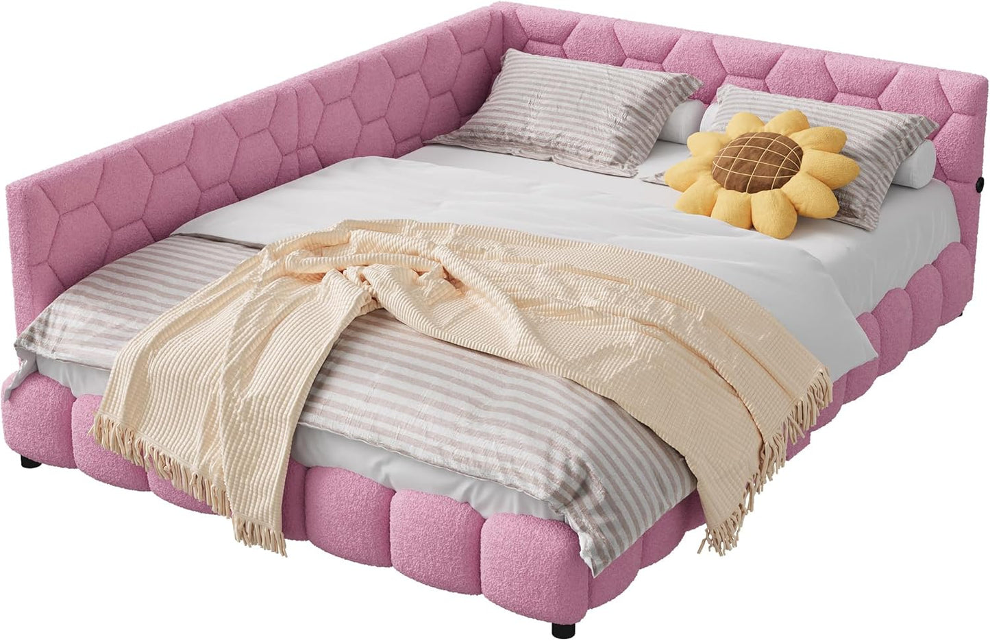 Upholstered Sofa Bed 140 x 200 cm, with Ambient Light and USB Connection, Children's Bed with Slatted Frame, Functional Bed, Teenager's Bed, Lambswool Material, Pink
