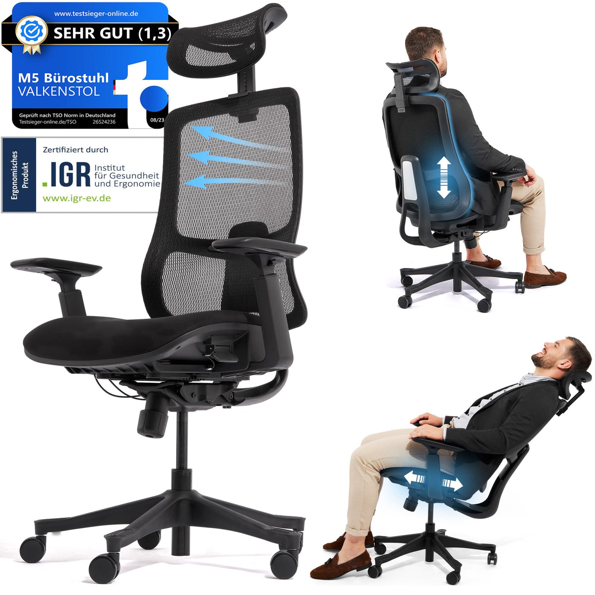M2 Ergonomic Office Chair, Test Winner with Adjustable Armrest without Headrest for Maximum Freedom of Movement, Back-Friendly, Comfortable Desk Chair for Office and Home Office Chair