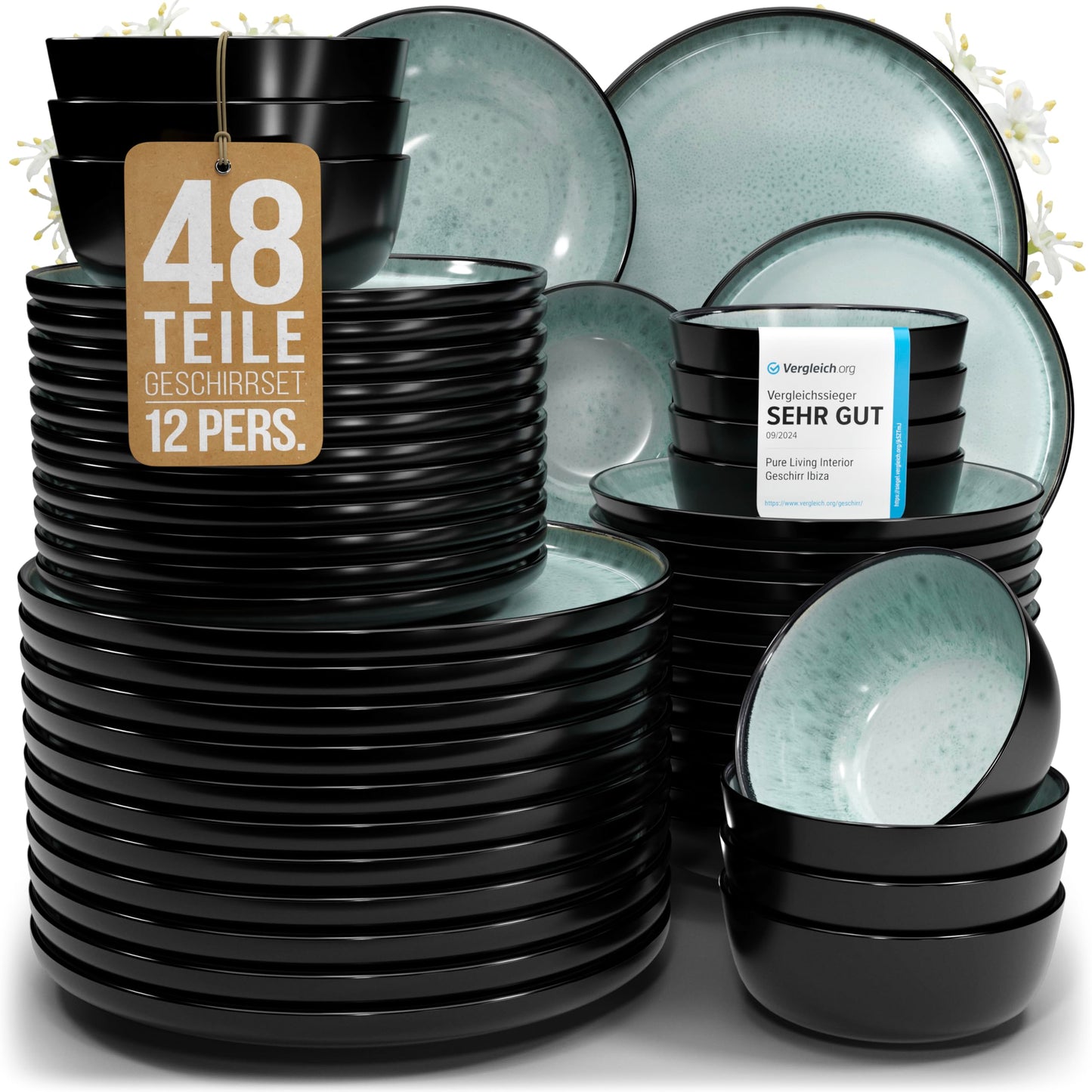 Ibiza Stoneware Crockery Set for 12 People, 48 Pieces, Test Winner, Dreamlike Mediterranean Stoneware Crockery Set, Bowl and Plate Set, Dinner Service for 12 People, Pure Living Crockery Sets in Deep