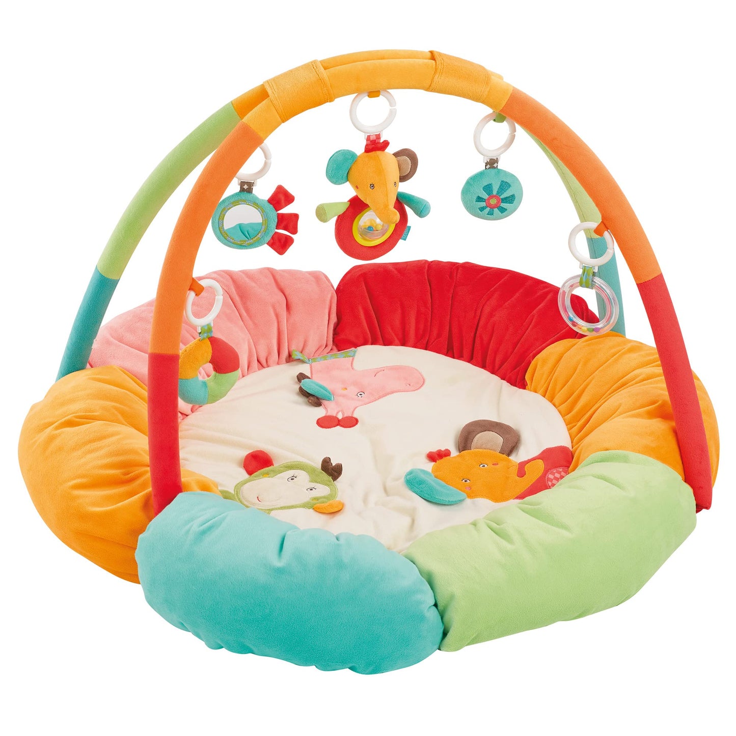 Fehn 071184 3-D-Activity-Nest Owl, Particularly Soft Play Arch with 5 Removable Play Toys for Babies, Play and Fun from Birth, Dimensions: Diameter 85 cm Rainbow rainbow