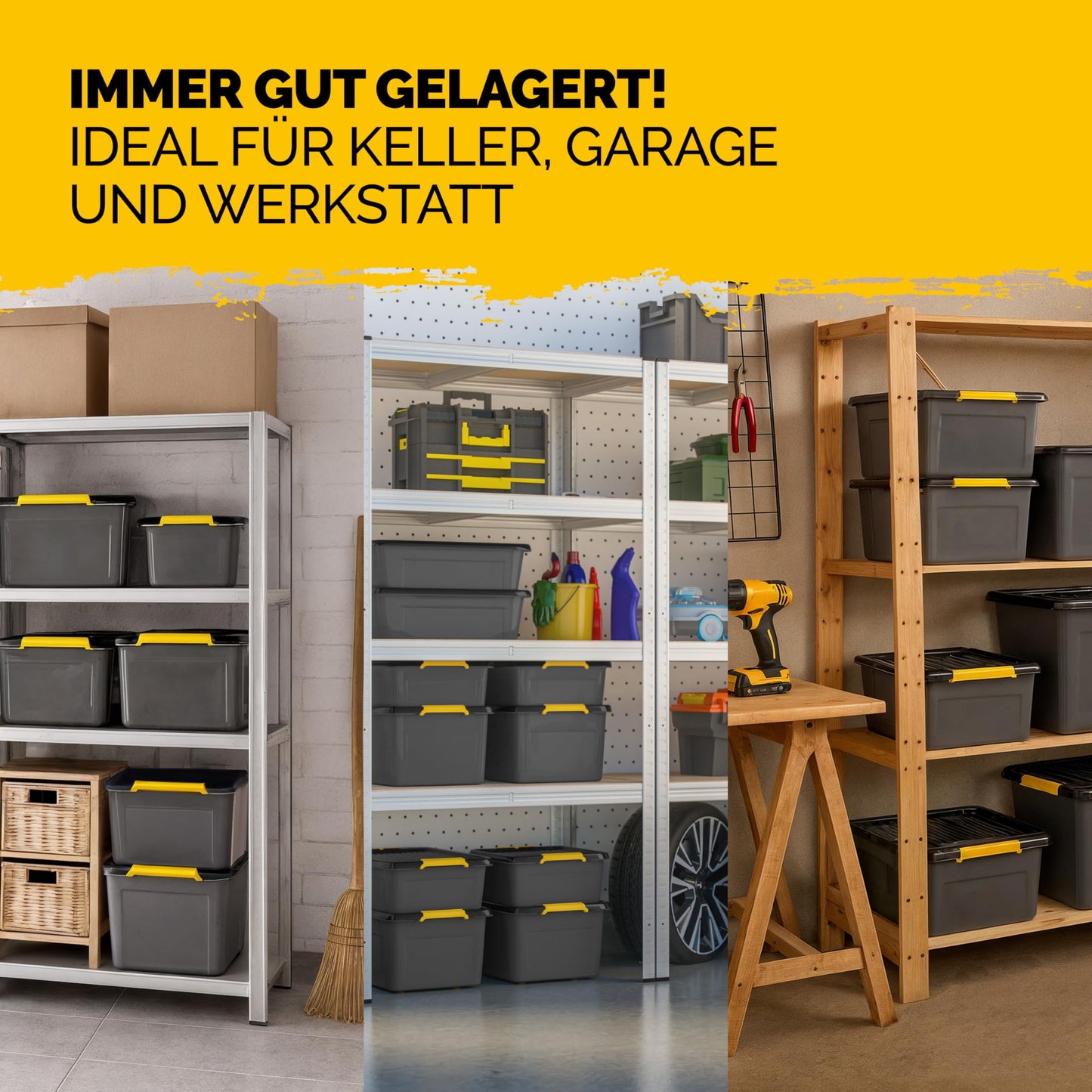 Monzana 4 x Storage Boxes 40 L with Lid 40 kg Load Capacity Plastic BPA Free Click Closure Stable Flexible Stackable Opaque Cellar Garage Box