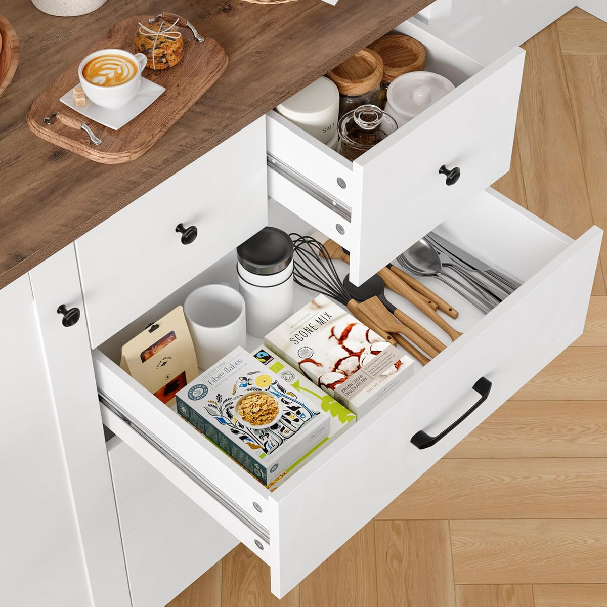 HOCSOK Sideboard, Küchenschrank mit 5 Schubladen und 1 Tür, Buffetschrank mit Arbeitsplatte für Küche, Esszimmer, Wohnzimmer, Flur, Holz, Weiß & Braun